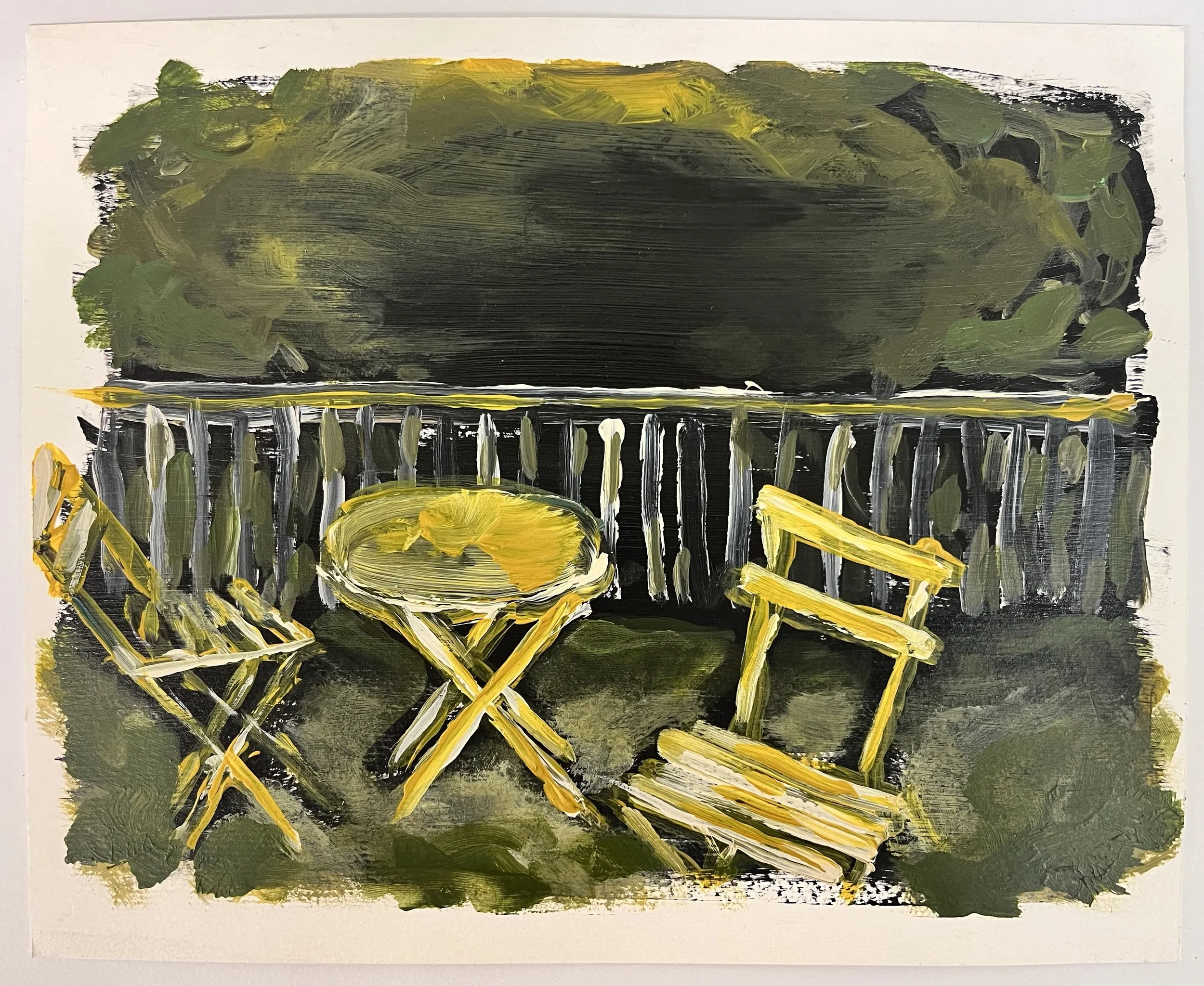 Night Chairs, 2025. Acrylic on paper — 9 x 11.2 in.