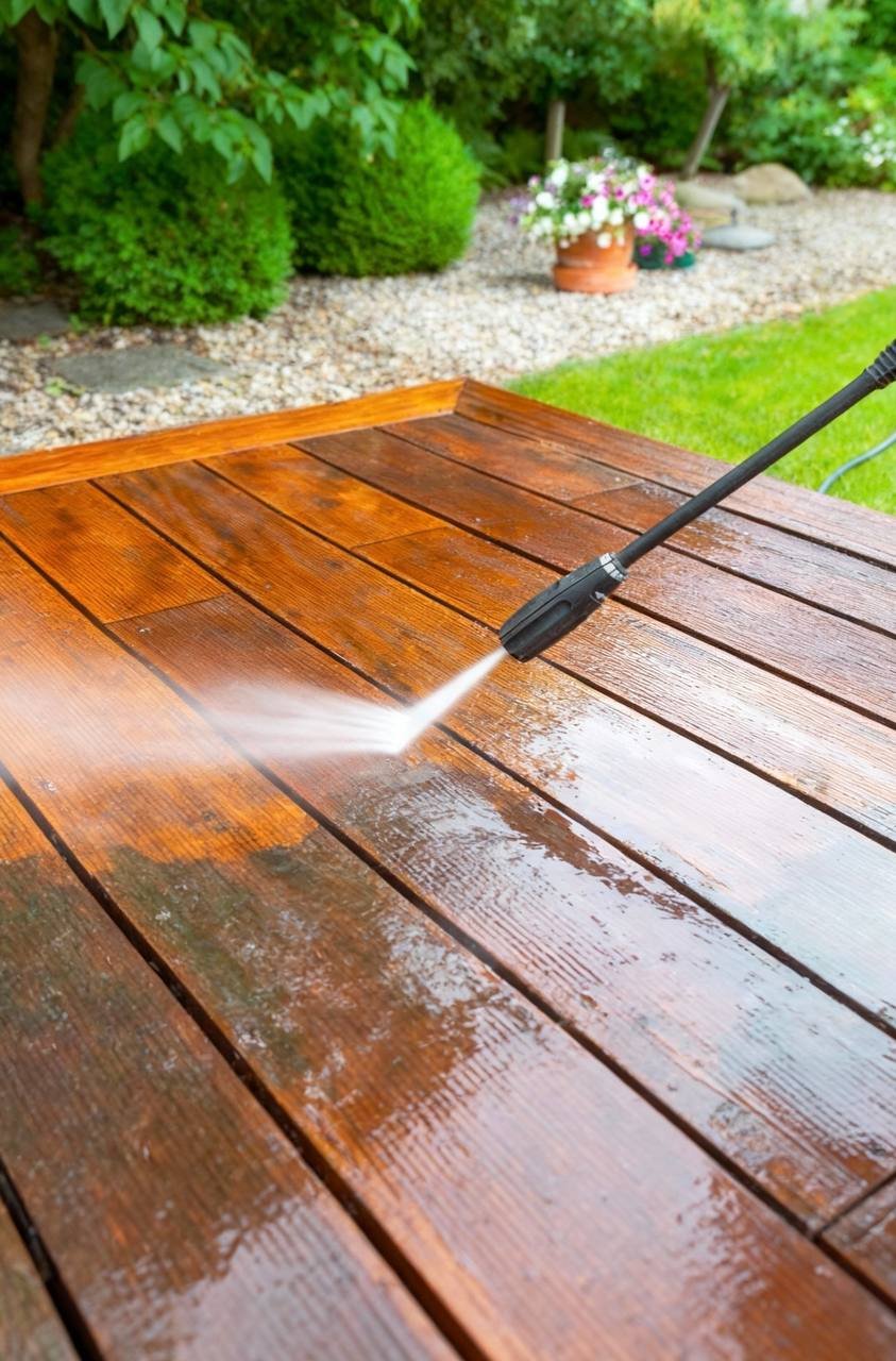 A pressure washer cleaning a wooden deck outdoors, half clean half dity