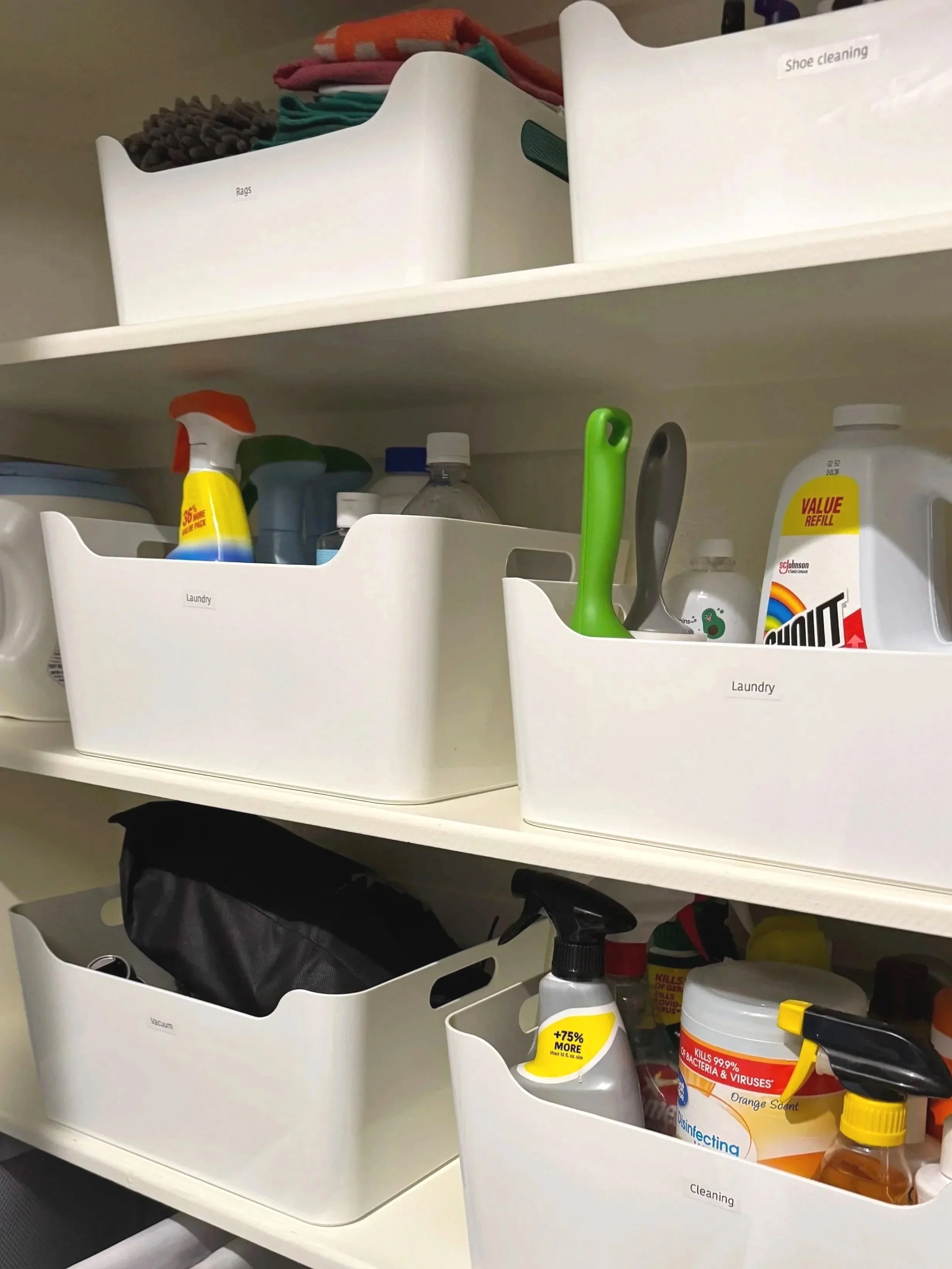 The Container Store bins used to organize this laundry room
