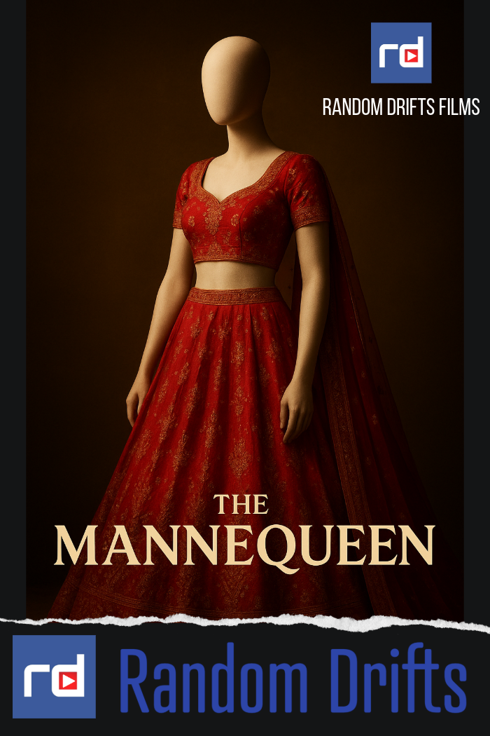A fashion mannequin dressed in a red traditional Indian lehenga with gold embroidery, standing against a dark background with the titles "The Mannequin" and "Random Drifts Films" displayed.