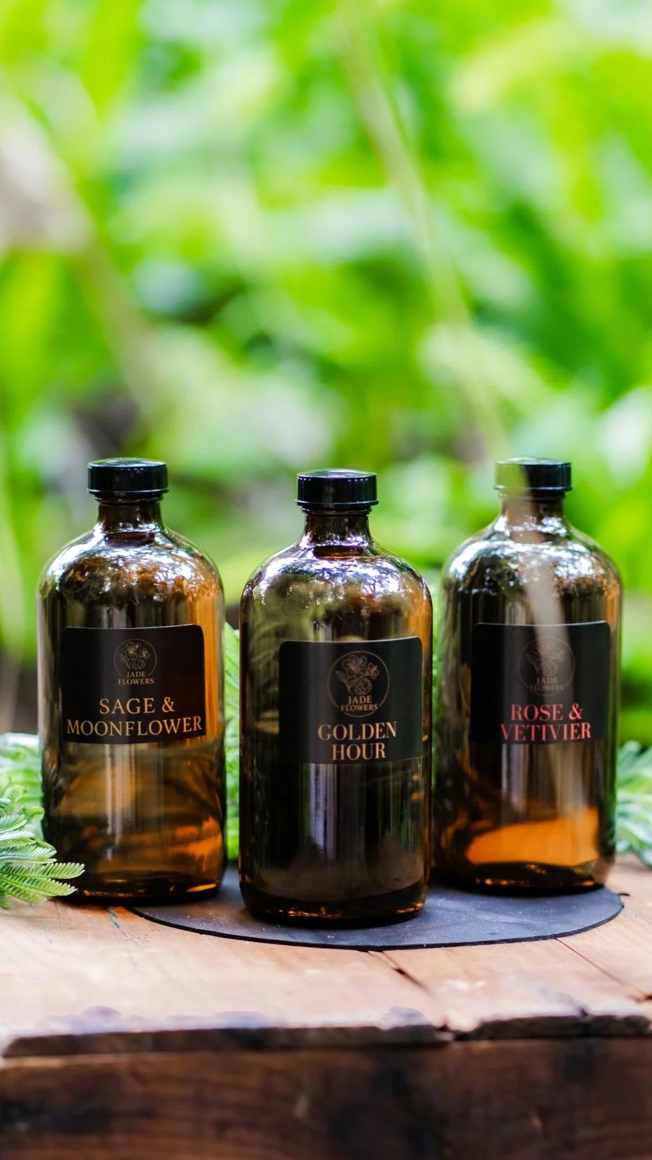 Jade Environment Diffusor Oils. The scent collection 'Sage & Moonflower', 'Golden Hour', and 'Rose & Vetiver'. Where Nature Meets Luxury.