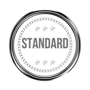 A circular emblem with a black background and silver border, featuring the word 'STANDARD' in bold gray text in the center, surrounded by six gray stars and a decorative chain-like border.