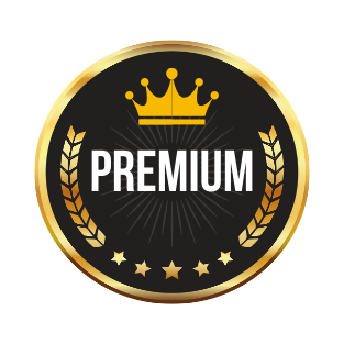 A circular badge with a black background, gold border, and gold crown at the top. The word "PREMIUM" is centered in white uppercase letters, with gold laurel branches on either side and five gold stars at the bottom.
