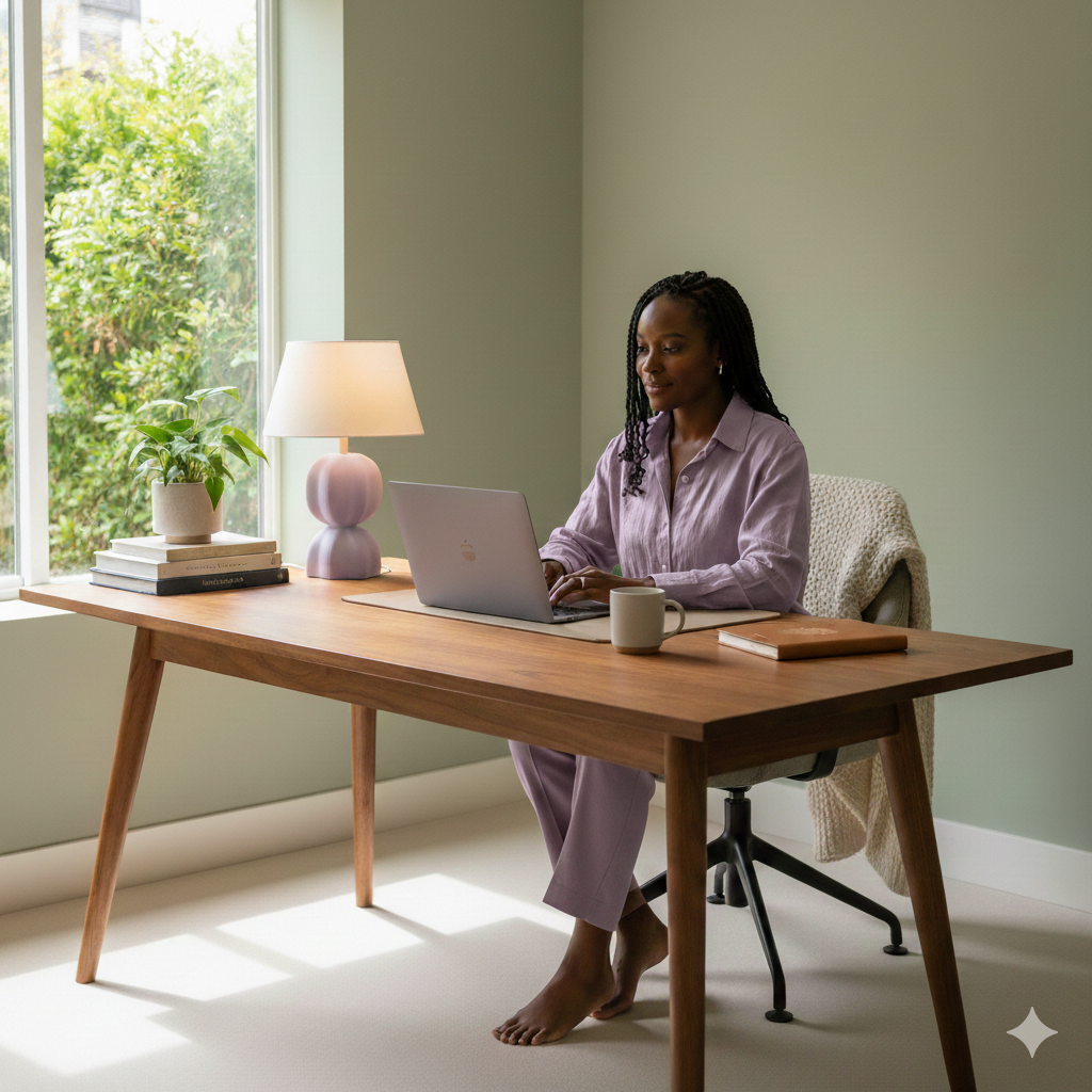 A woman working on a laptop at a wooden desk near a window, with a lamp, potted plant, books, and a coffee mug on the desk, and a blanket draped over her chair.