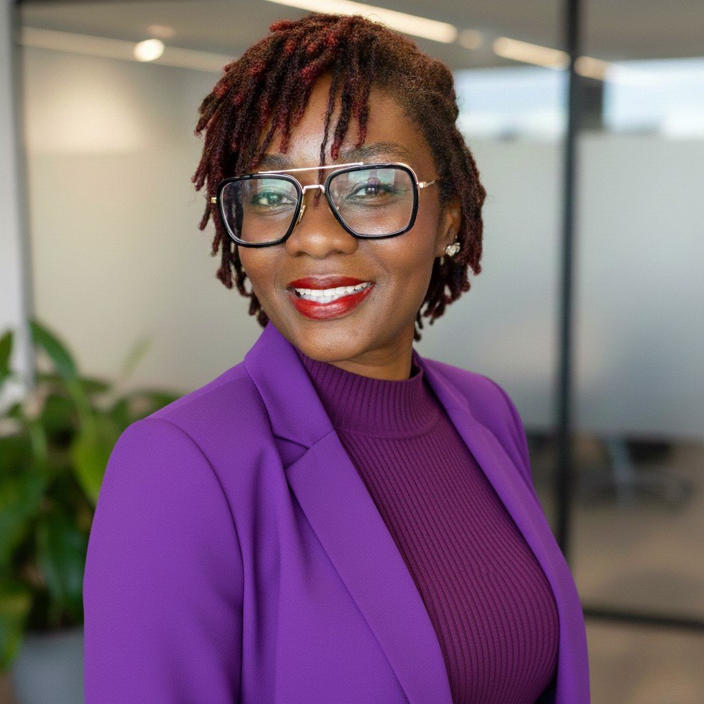 A woman with short, red twists wearing large glasses, a purple blazer, and a matching purple top, smiling indoors near a plant and office partitions.