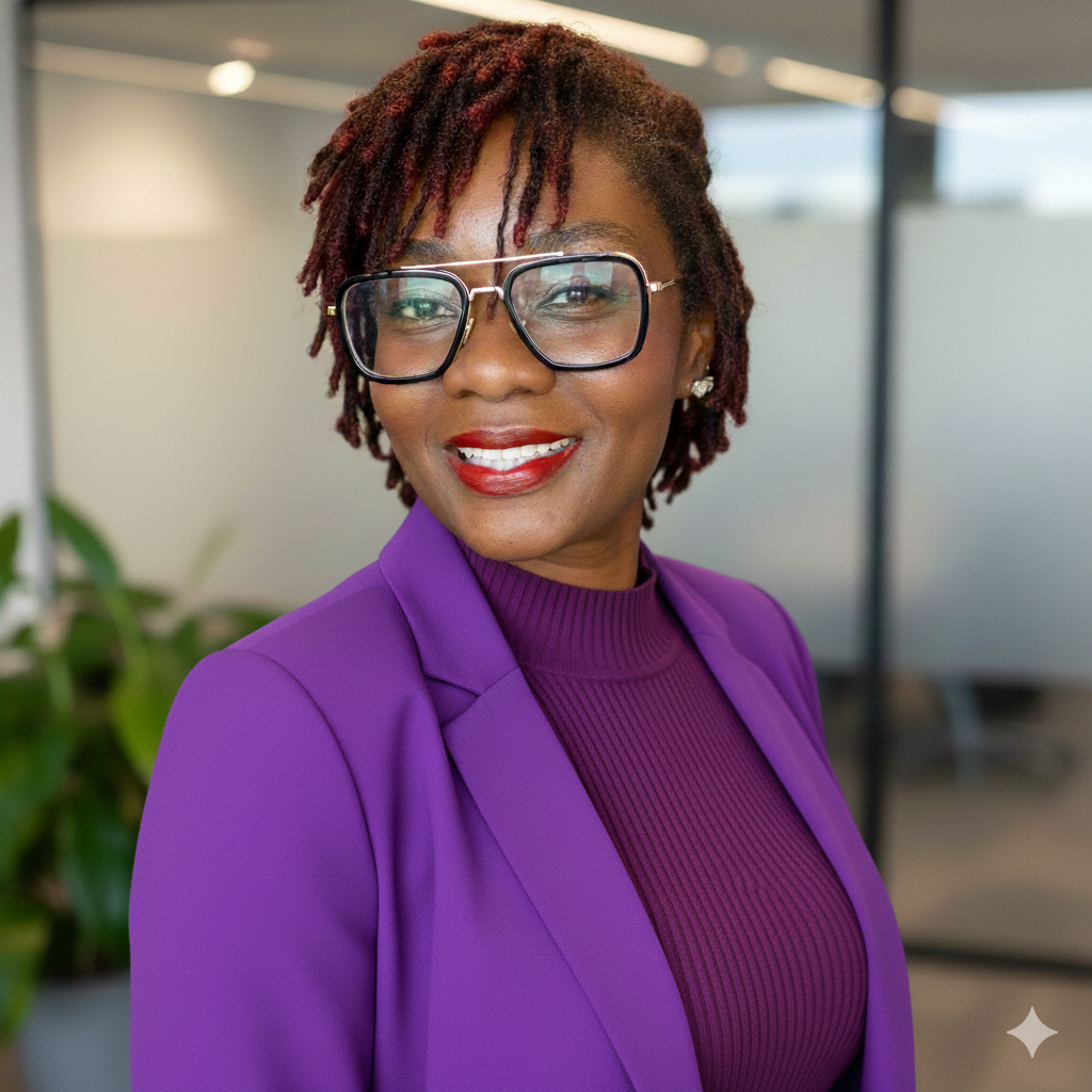 A businesswoman with short, red-dyed dreadlocks and glasses, wearing a purple blazer over a matching ribbed turtleneck, smiling in an office environment.
