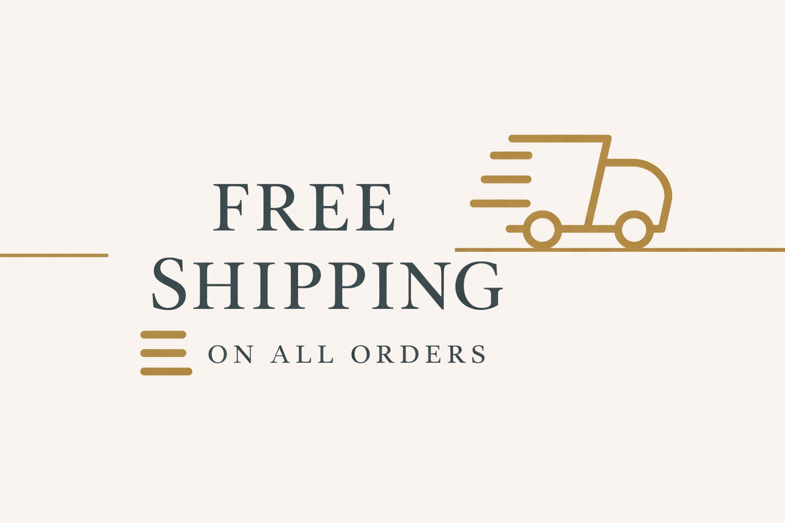 Promotion of free shipping on all orders with a minimalistic design, featuring a stylized shopping cart icon and lines emphasizing speed or movement.