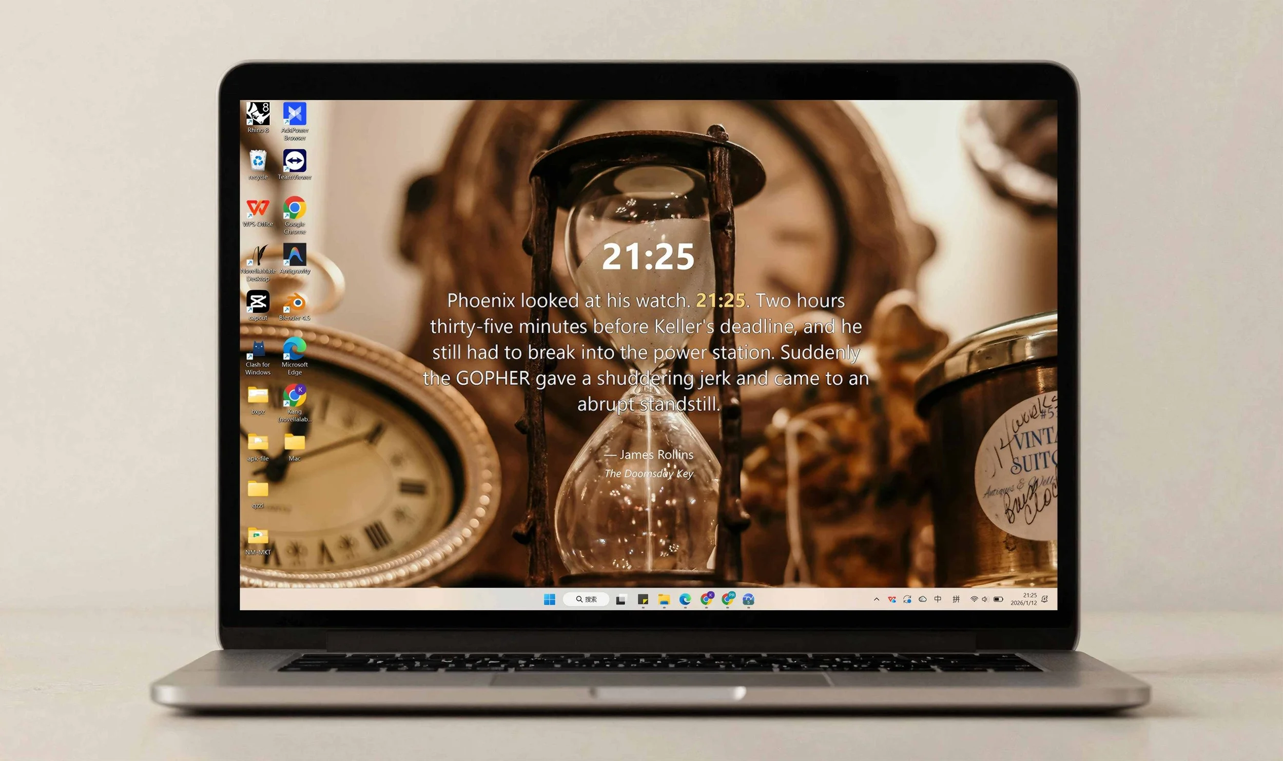 NovellaMate Literary Clock Desktop. Laptop displaying a clock, a quote from James Rollins' 'The Doomsday Key,' with a background of vintage clocks and objects.