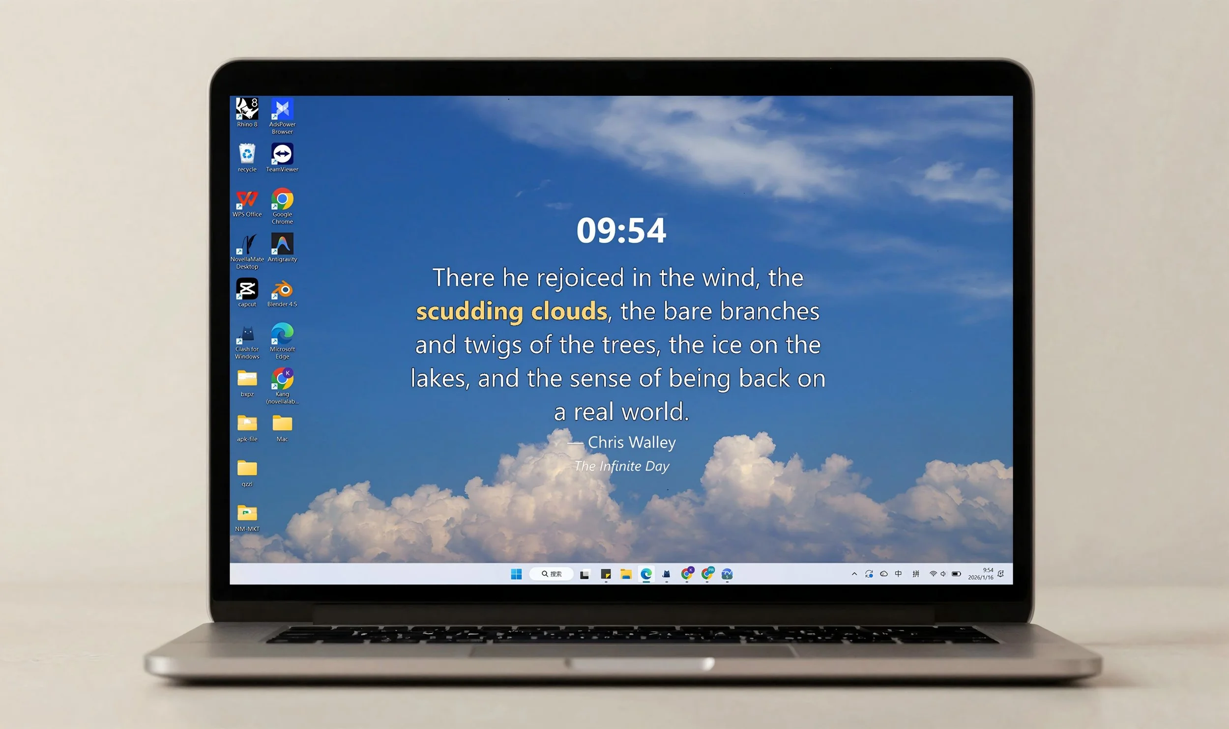 The Desktop Edition of the literary clock. A laptop screen displays a quote about clouds and nature from Chris Walley, set against a blue sky with clouds, alongside desktop icons on the left side of the screen.