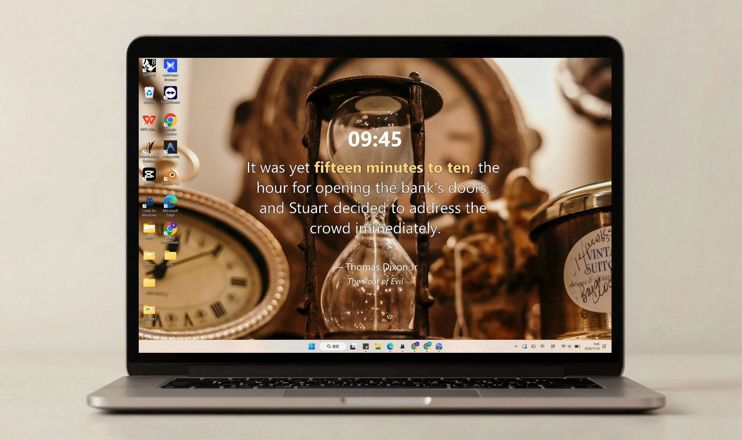 The Desktop Edition of the literary clock. Open laptop displaying a desktop background with vintage clocks and an hourglass, showing a quote by Thomas Dixon Jr. about a fifteen-minute wait for a bank opening.