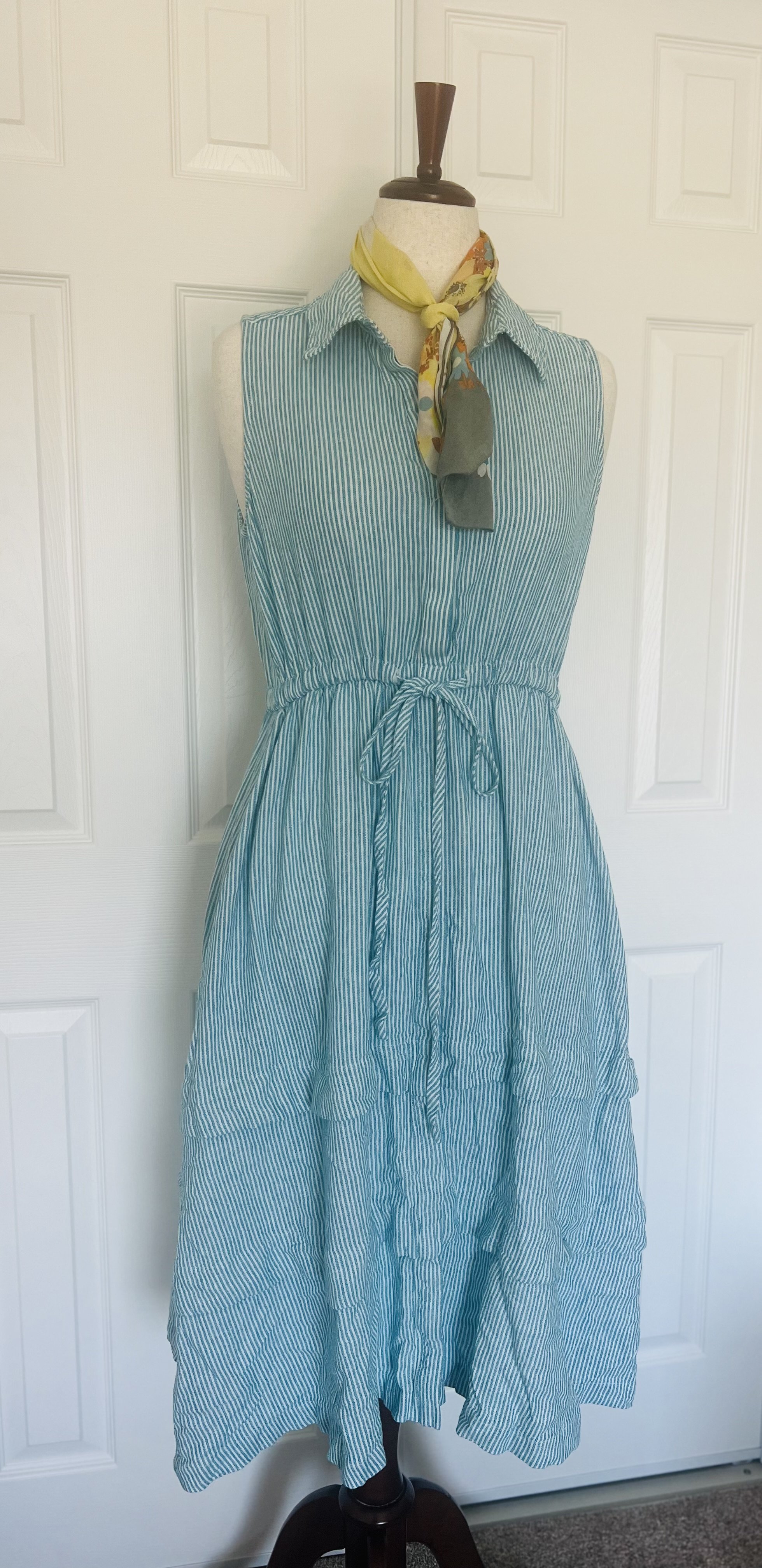The Classic Coastal Tiered Linen Blend Midi Dress by Calvin Klein - Size 10 (Medium)