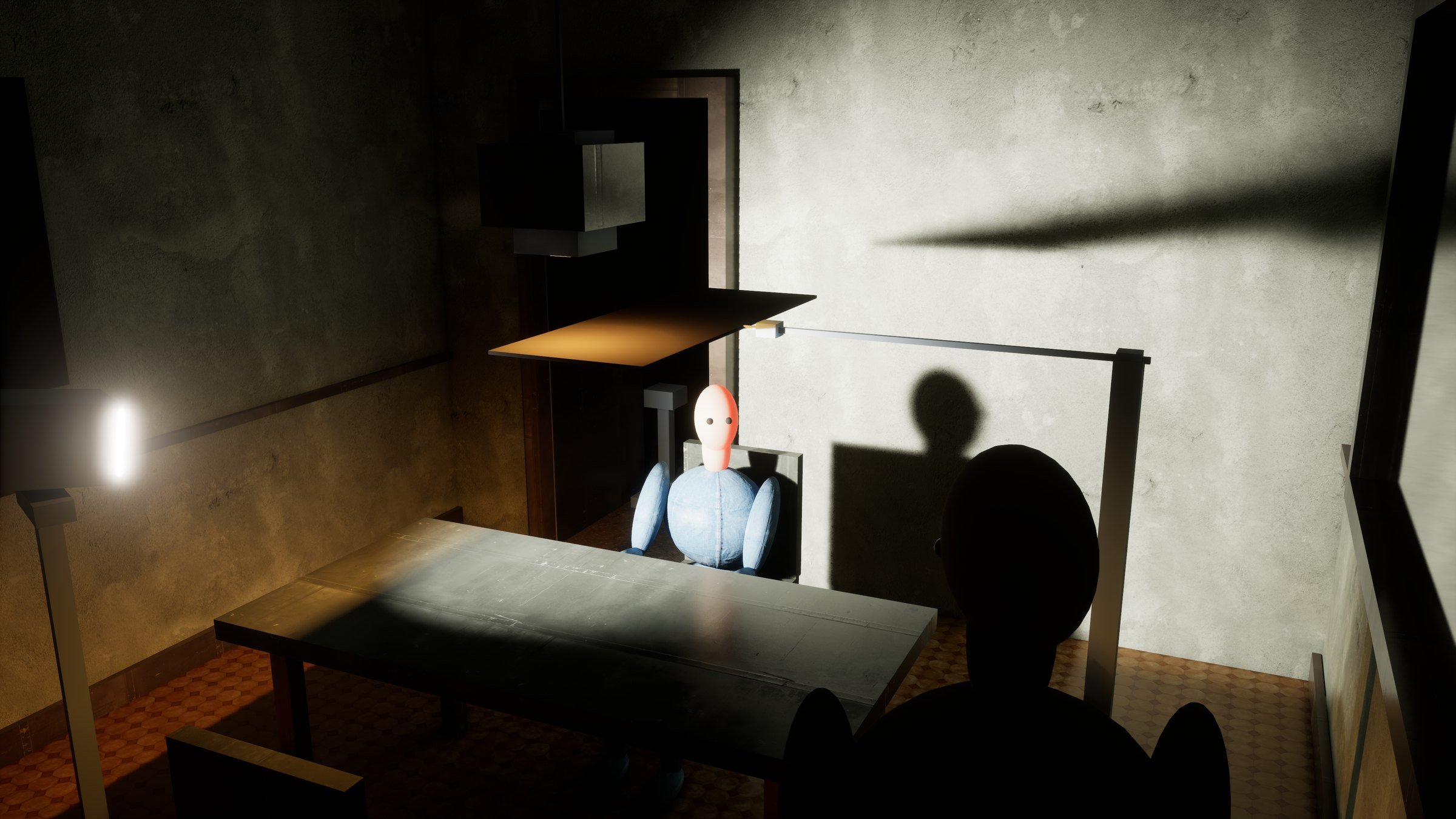 A dim interrogation room. A hanging lamp lights the table, a lamp on a stand throws hard shadows on the back wall, and a C-stand holds a black cutter under the hanging lamp. A seated figure faces the camera; another is a dark silhouette in front.