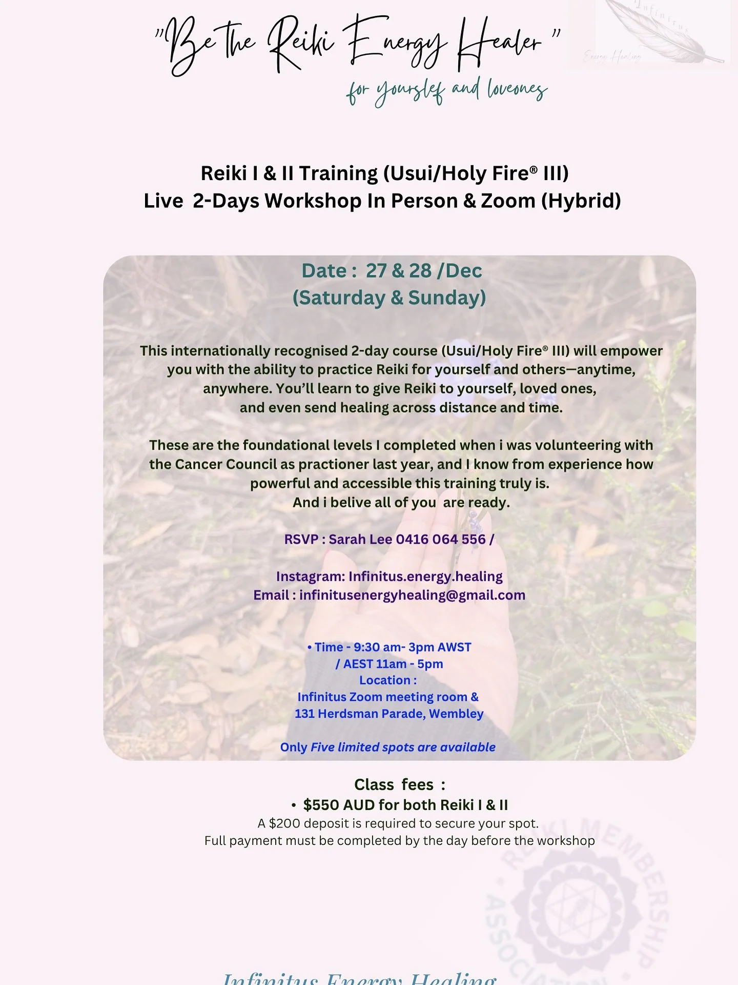 ✨ Reiki I &amp; II Training &ndash; December 2025 ✨
Usui/Holy Fire&reg; III &ndash; Live 2-Day Workshop (In-Person &amp; Zoom Hybrid)

Are you ready to begin your Reiki journey?
These two foundational levels will empower you to give Reiki to yourself