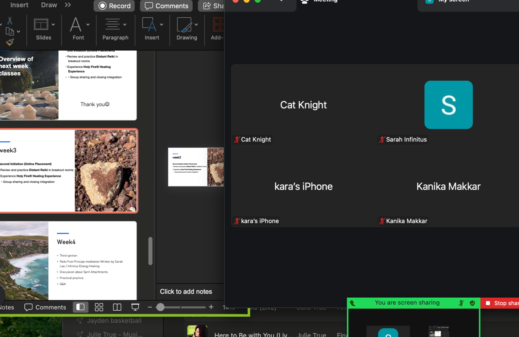 A screenshot of a virtual meeting interface showing participant names such as Cat Knight, Sarah Infinitus, kara's iPhone, and Kanika Makkar. The interface includes a green bar indicating screen sharing, a red stop sharing button, and various presenta