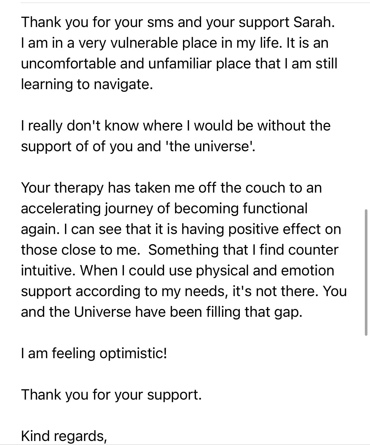 A letter of appreciation expressing gratitude for support and therapy, discussing feelings of vulnerability, progress, and optimism.
