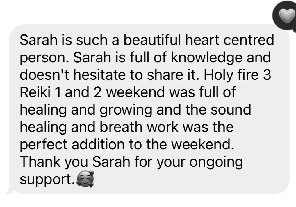 A text message expressing appreciation for Sarah's support, describing her as a knowledgeable, heart-centered person who engaged in healing and breath work over the weekend, with a smiling emoji with hearts.