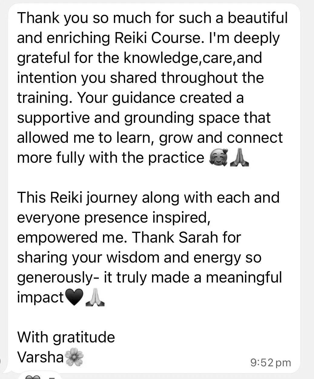 A heartfelt message of gratitude praising a Reiki instructor, written in a text message format, with emojis of happiness, prayer hands, and a heart.