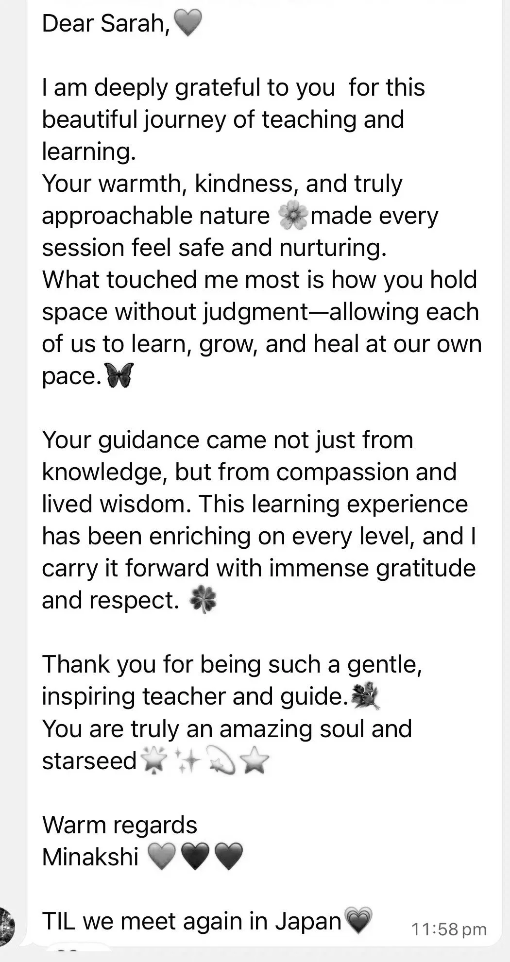 Letter of appreciation with various emojis and signature, expressing gratitude and admiration.