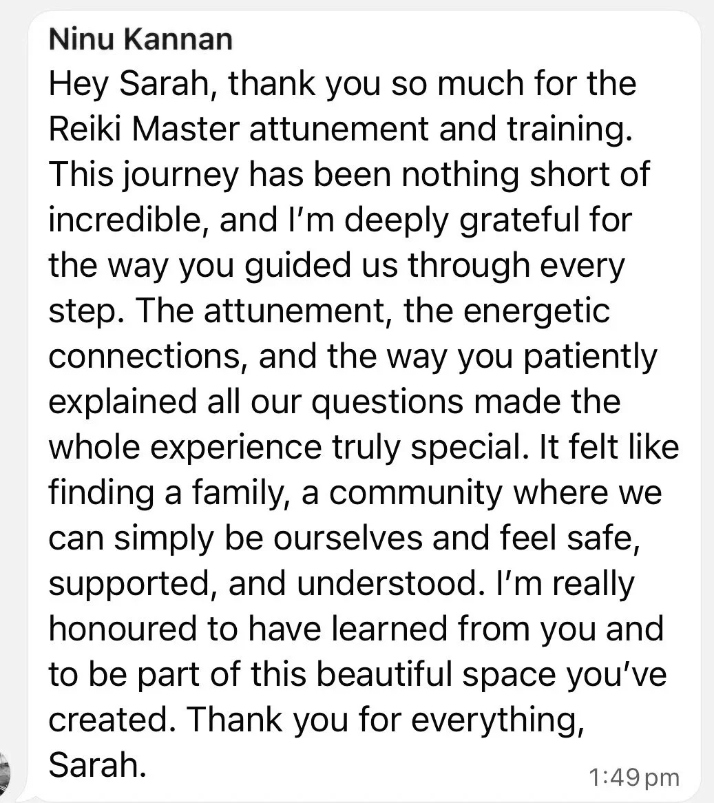 A text message endorsement expressing gratitude for Reiki Master attunement and training, highlighting the journey, connections, and community created.