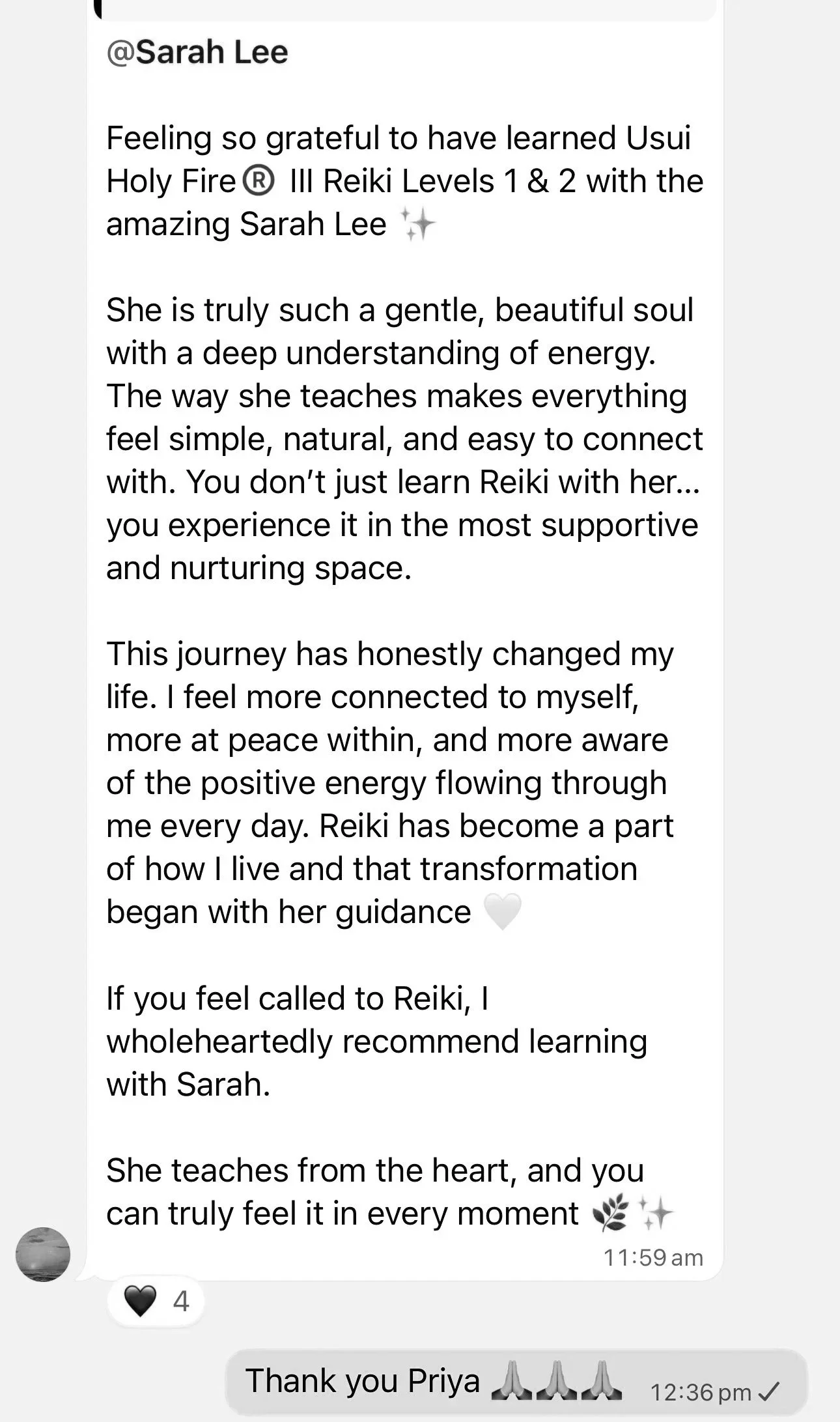Screenshot of a social media or messaging app conversation about learning Reiki with Sarah Lee, including appreciation and gratitude messages.