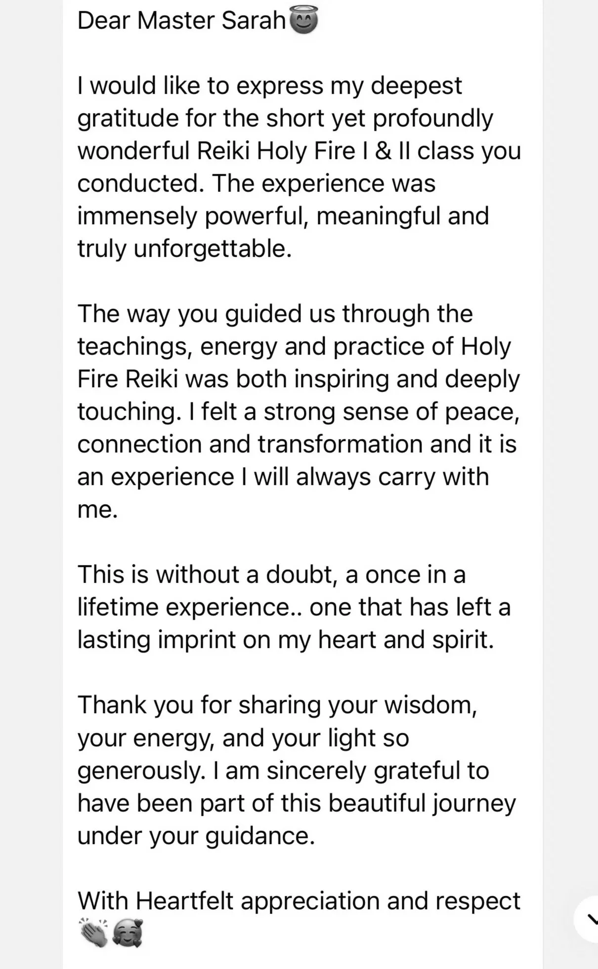 A thank you letter expressing gratitude to Master Sarah for a Reiki Holy Fire class, describing the experience as powerful, meaningful, and unforgettable, and appreciating her guidance and wisdom.