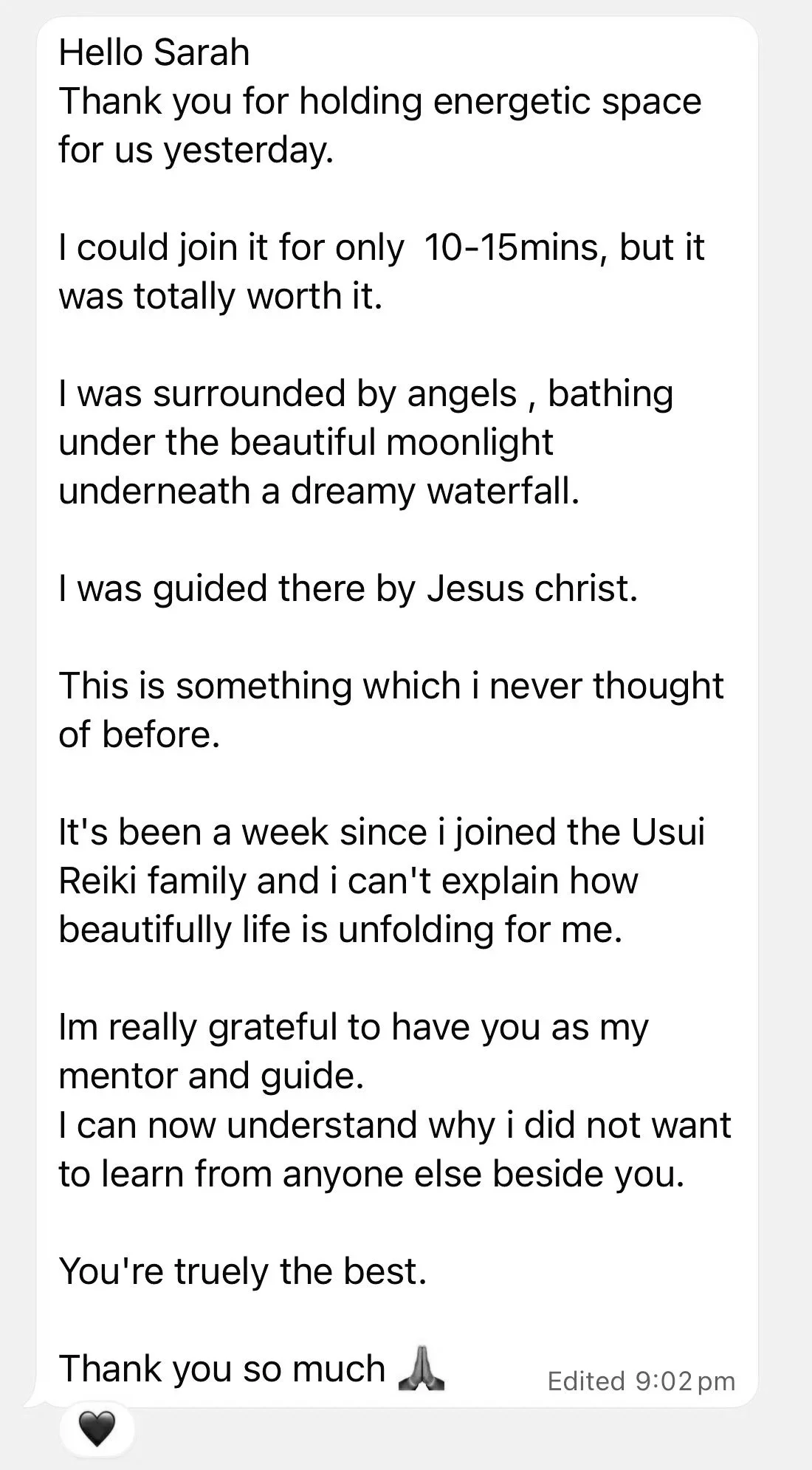 A screenshot of a heartfelt thank-you message in a messaging app, addressed to Sarah, expressing gratitude for spiritual guidance and support.