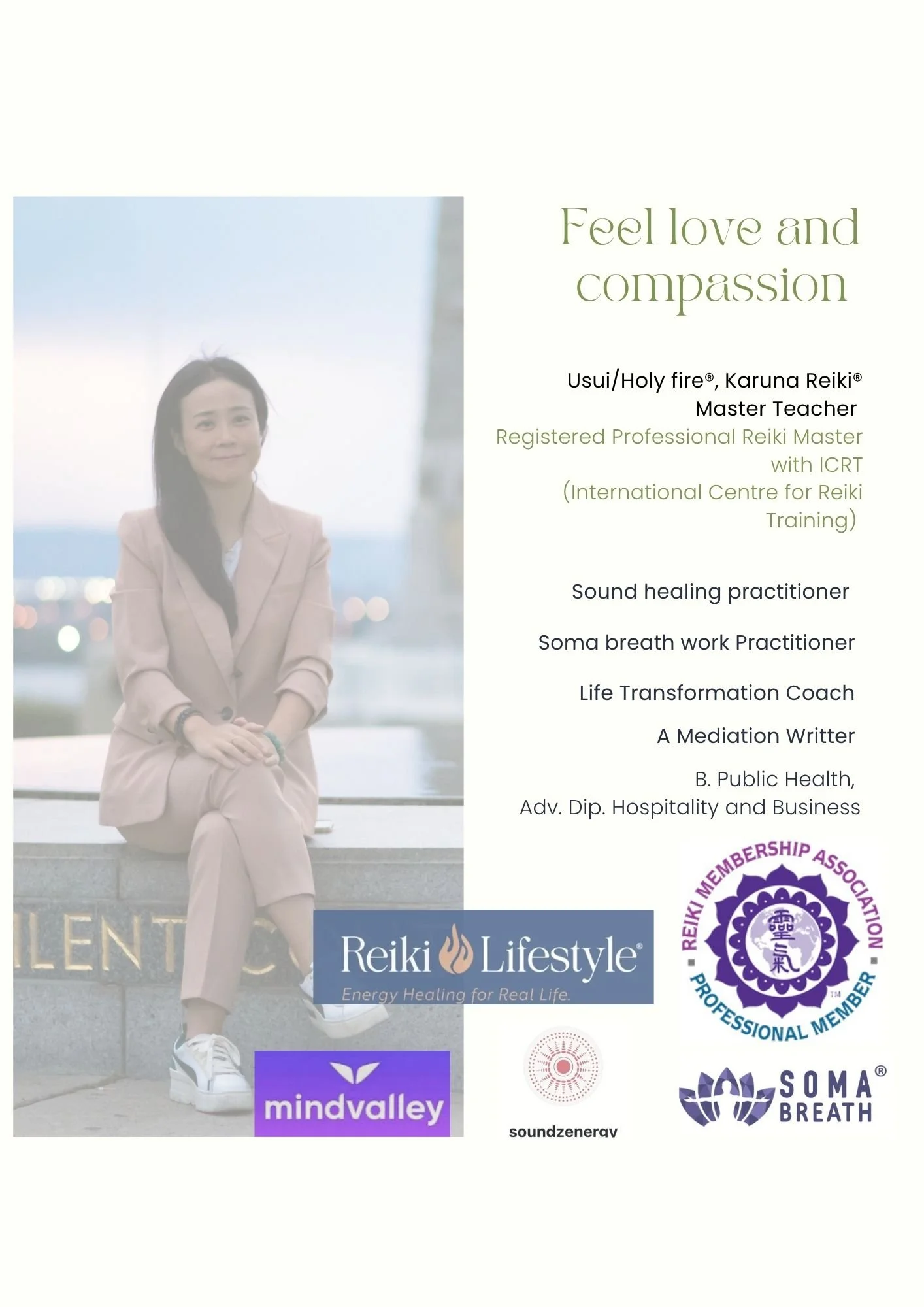 A woman sitting on a ledge outdoors, with a cityscape in the background, wearing a beige suit and white sneakers, with her hands resting on her knee. The image includes text and logos related to Reiki, sound healing, meditation, and wellness.