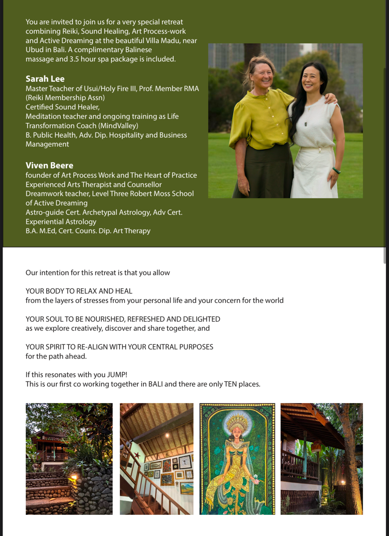 Invitation to a wellness retreat in Bali featuring images of a lush tropical location, an art gallery, a colorful goddess painting, and a traditional balcony in a natural setting.