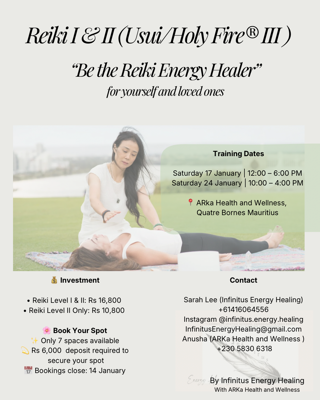 Flyer for Reiki I & II (Usui / Holy Fire® III) training classes featuring a woman performing Reiki on another woman outdoors, with training dates, location, investment details, and contact information.