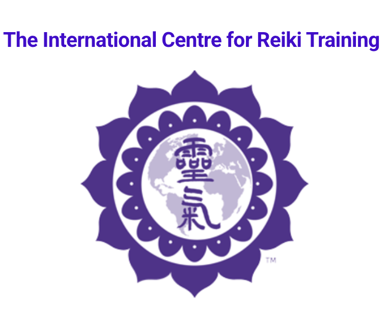 Logo of the International Centre for Reiki Training with a purple lotus flower surrounding a globe and Japanese characters in the center.