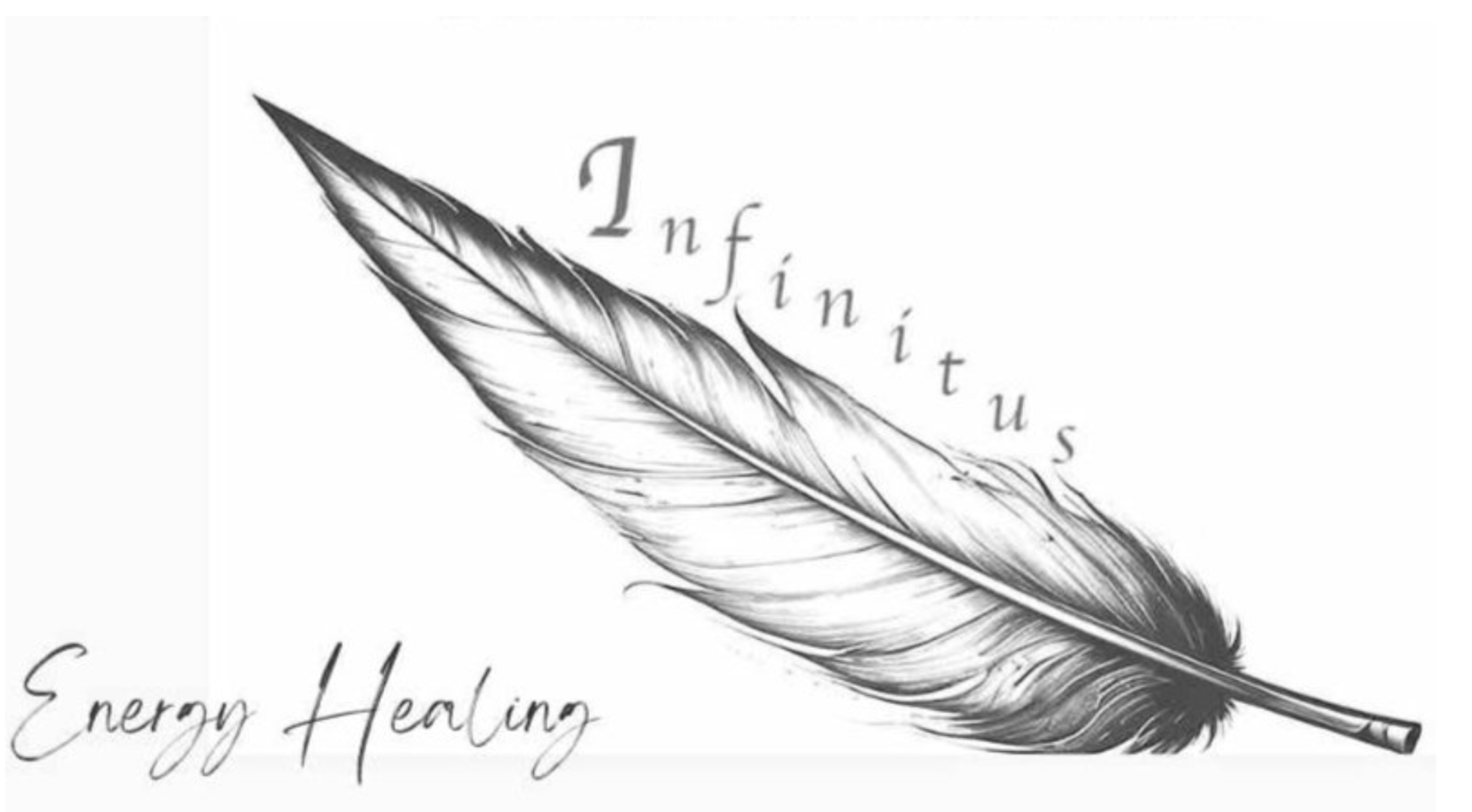A black and white illustration of a feather with the words 'Infinitus' and 'energy healing' written around it.