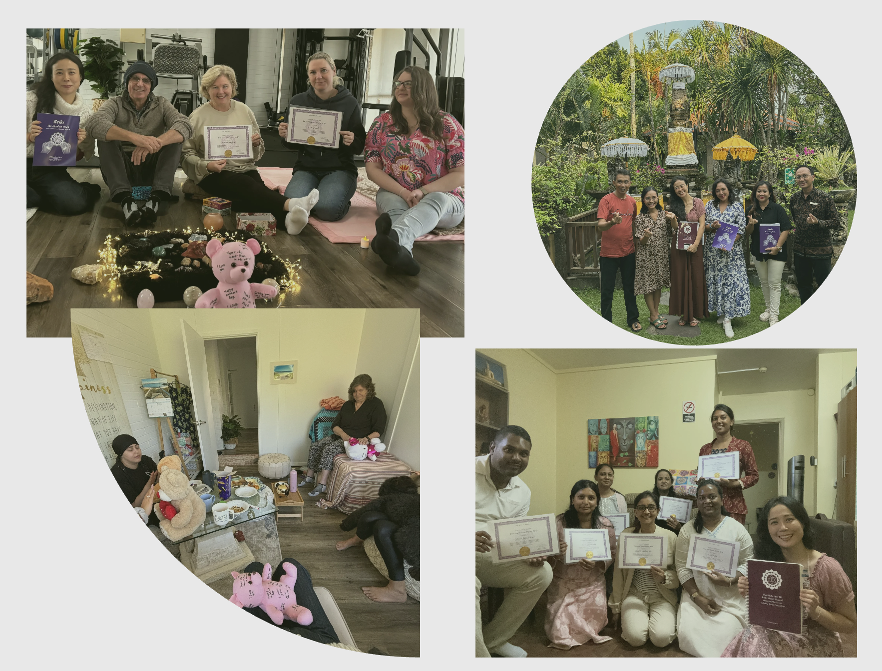 Collage of four group photos showing diverse individuals during certificates and awards ceremonies, celebrations, and meditation sessions indoors and outdoors, with various backgrounds including a gym, garden, and home living space.