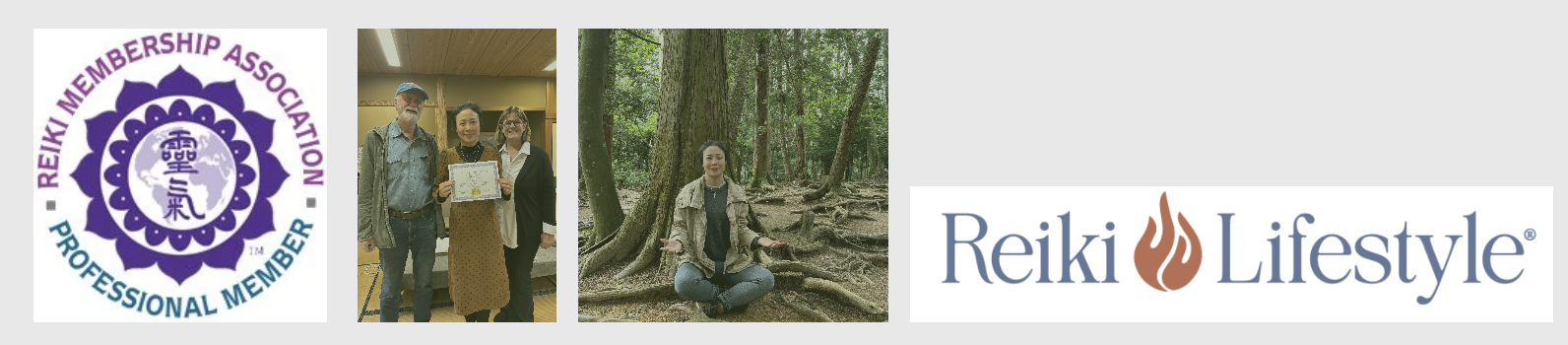 Logos of Reiki Membership Association and Reiki Lifestyle, a woman practicing Reiki meditation in a forest, and a certificate award ceremony with three people, one woman holding the certificate.