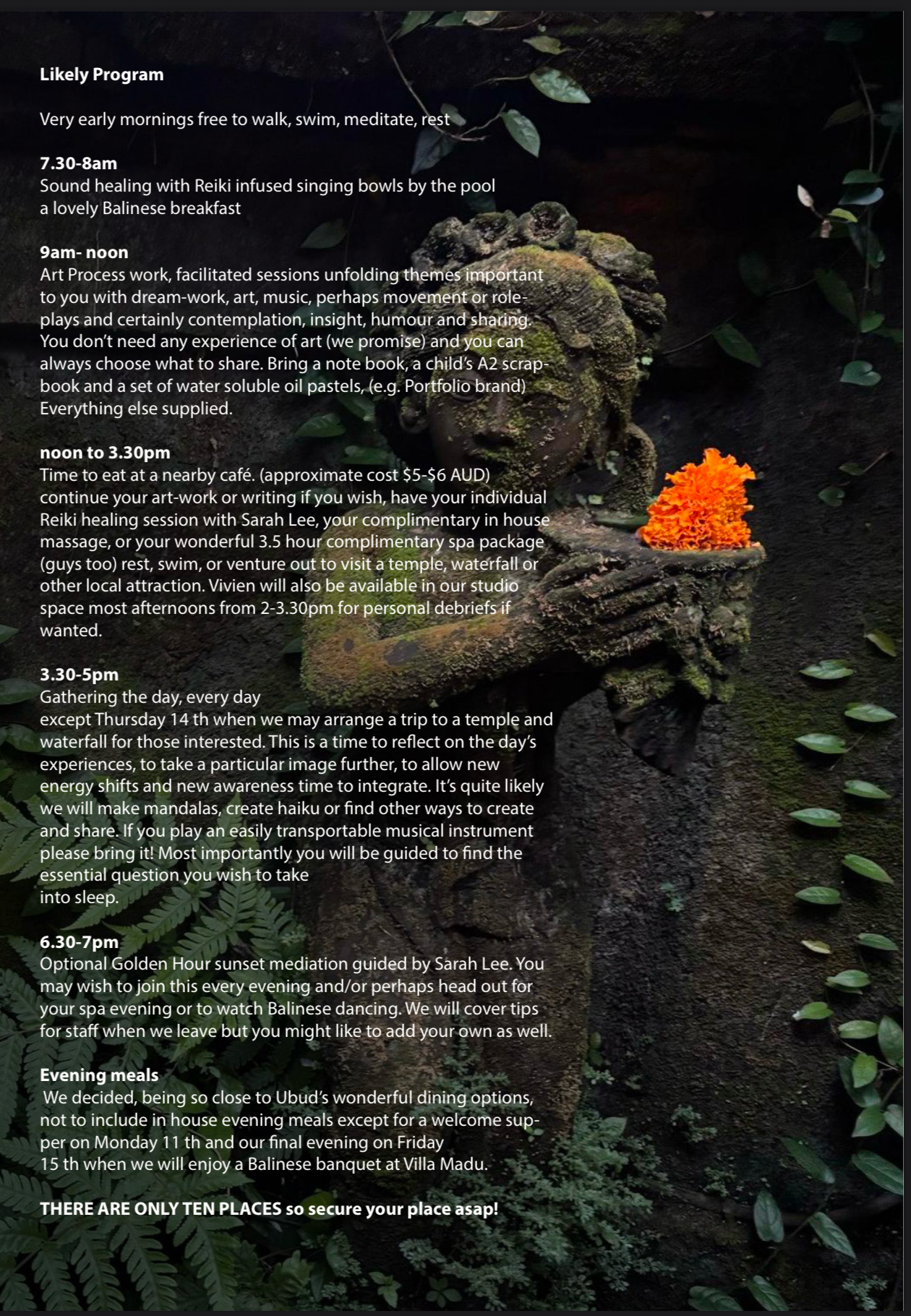 Schedule of activities for a Likely Program, including early morning walks, meditations, art sessions, meals, sunset meditations, and dinner plans, over a specified timeline.