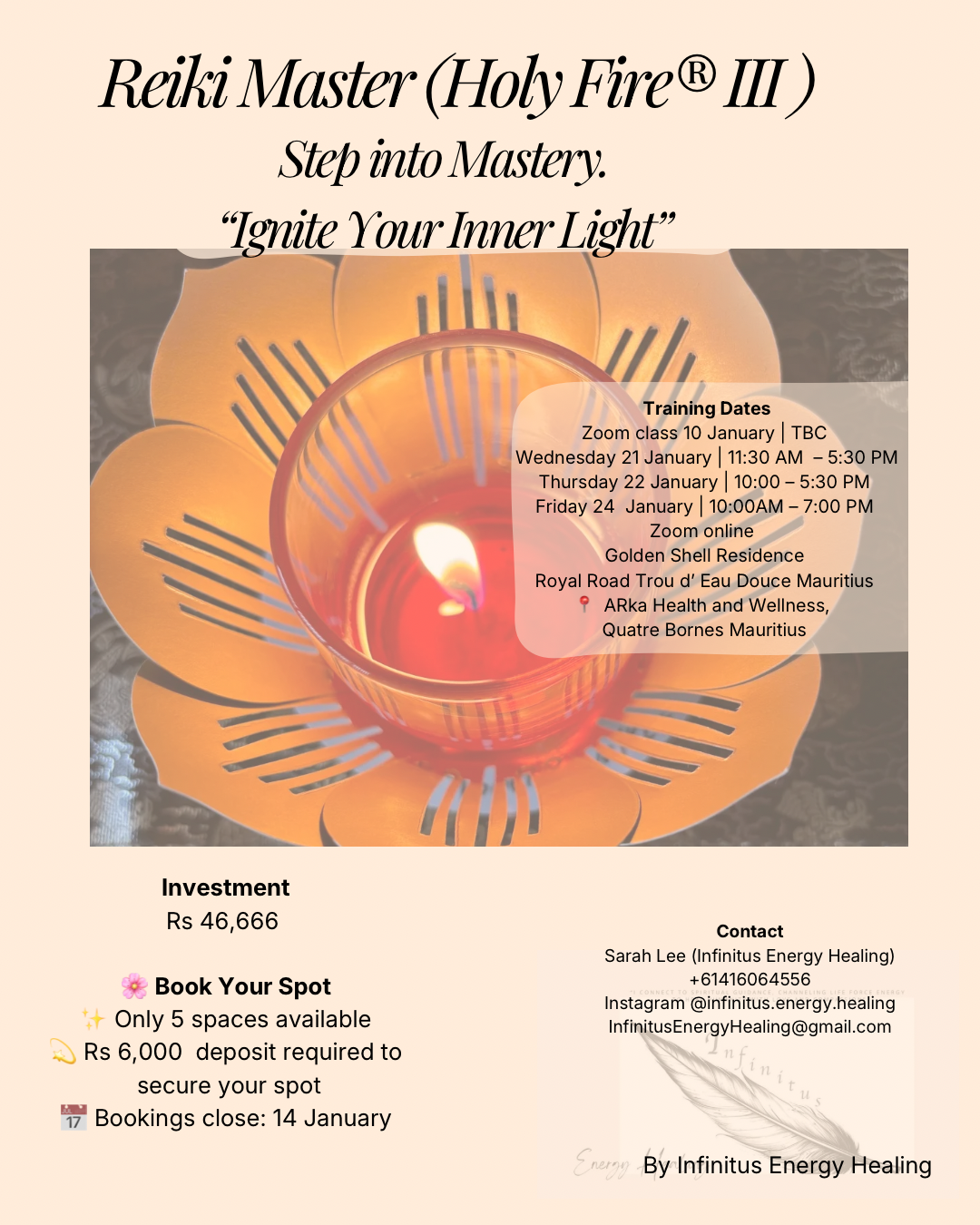 A promotional flyer for a Reiki Master (Holy Fire III) training course, featuring a lit candle within a decorative holder. The flyer includes the course dates, location, investment cost, booking details, contact information, and a call to action to r