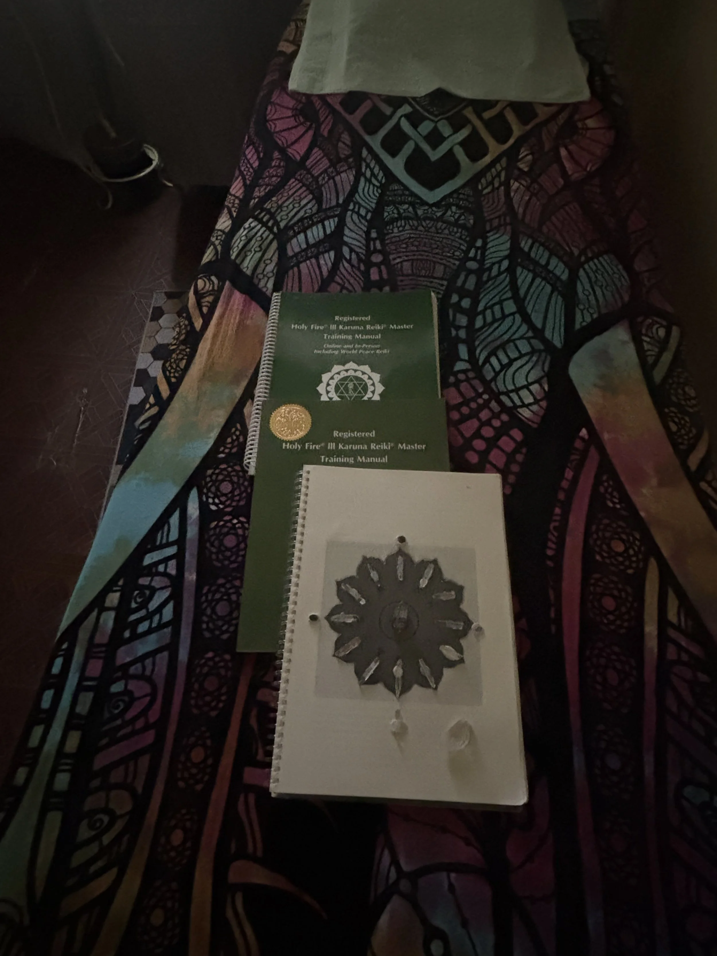 A colorful, intricately patterned fabric with geometric shapes and vibrant colors, covering the surface of a table or cloth, with various manuals and papers on top.