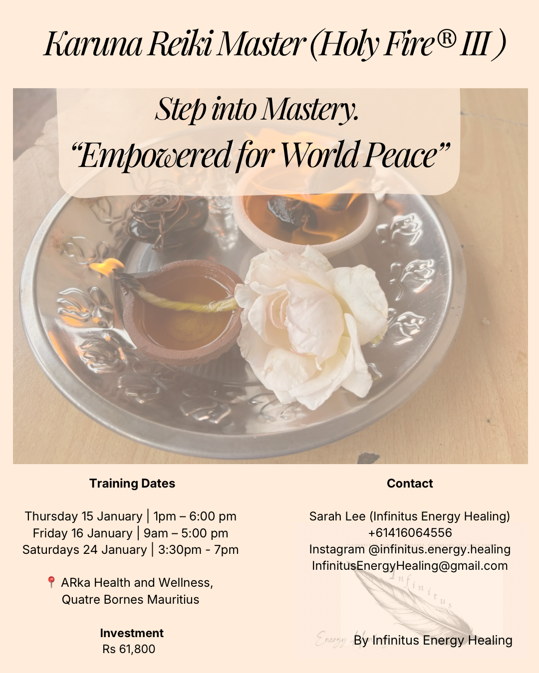 An informational flyer for Karuna Reiki Master training featuring a tray with lit candles and a white flower.