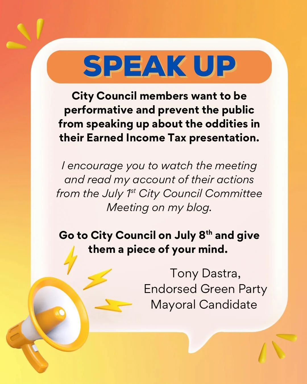 City Council shut down public comment on the Earned Income Tax presentation. Why? Because they don&rsquo;t want to hear from you. They prefer quiet meetings and complacent residents. 

I wrote about what happened at the July 1st meeting&mdash;read it