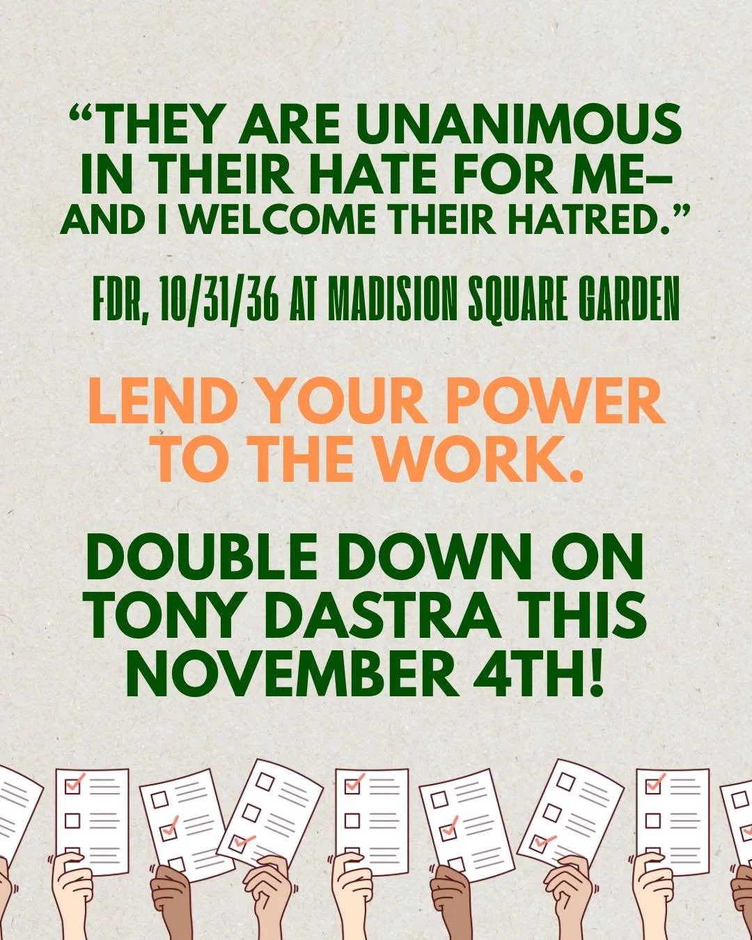 As this election wraps up, I want to share with you part of an FDR speech I find relevant to where Lancaster is right now:

&ldquo;We have not come this far without a struggle and I assure you we cannot go further without a struggle.

For twelve year