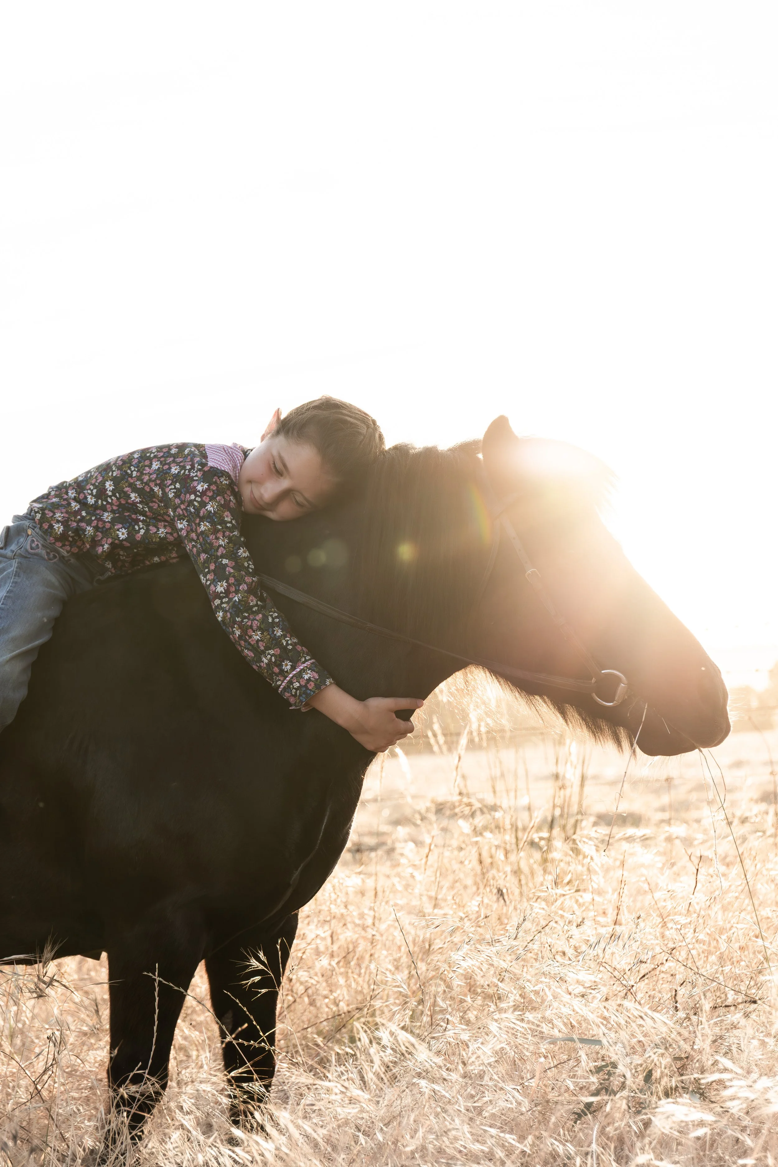 young girl sitting on a black shetland and leaning forward hugging its neck