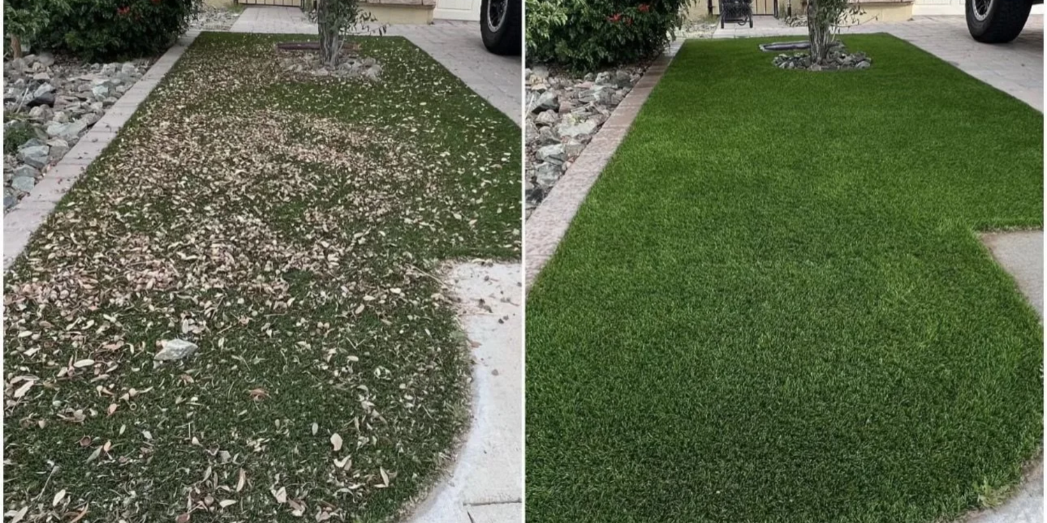 Before and after artificial turf cleaning in Carlsbad, CA, Full Reset package, 250 sq ft