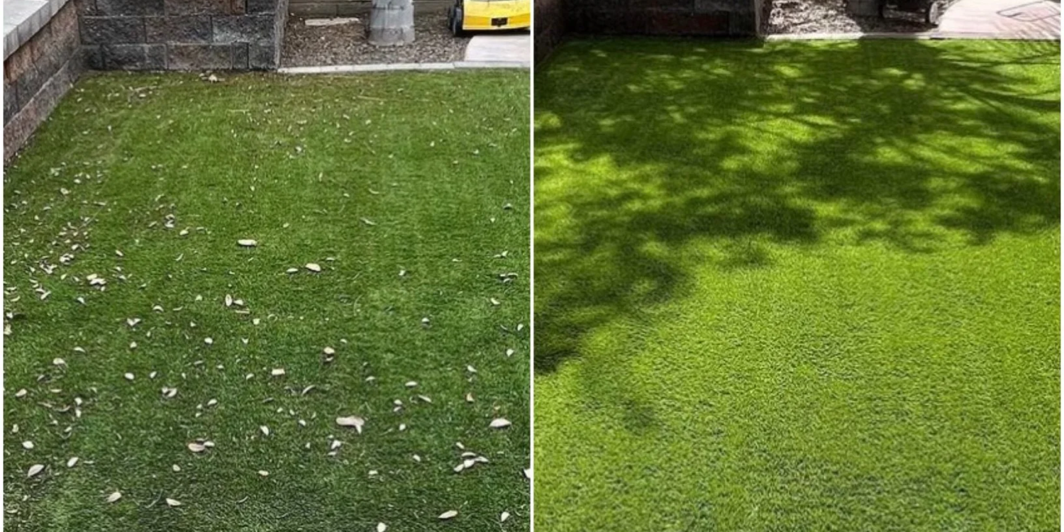 Before and after artificial turf cleaning in Encinitas, CA, Restore package, 1,200 sq ft