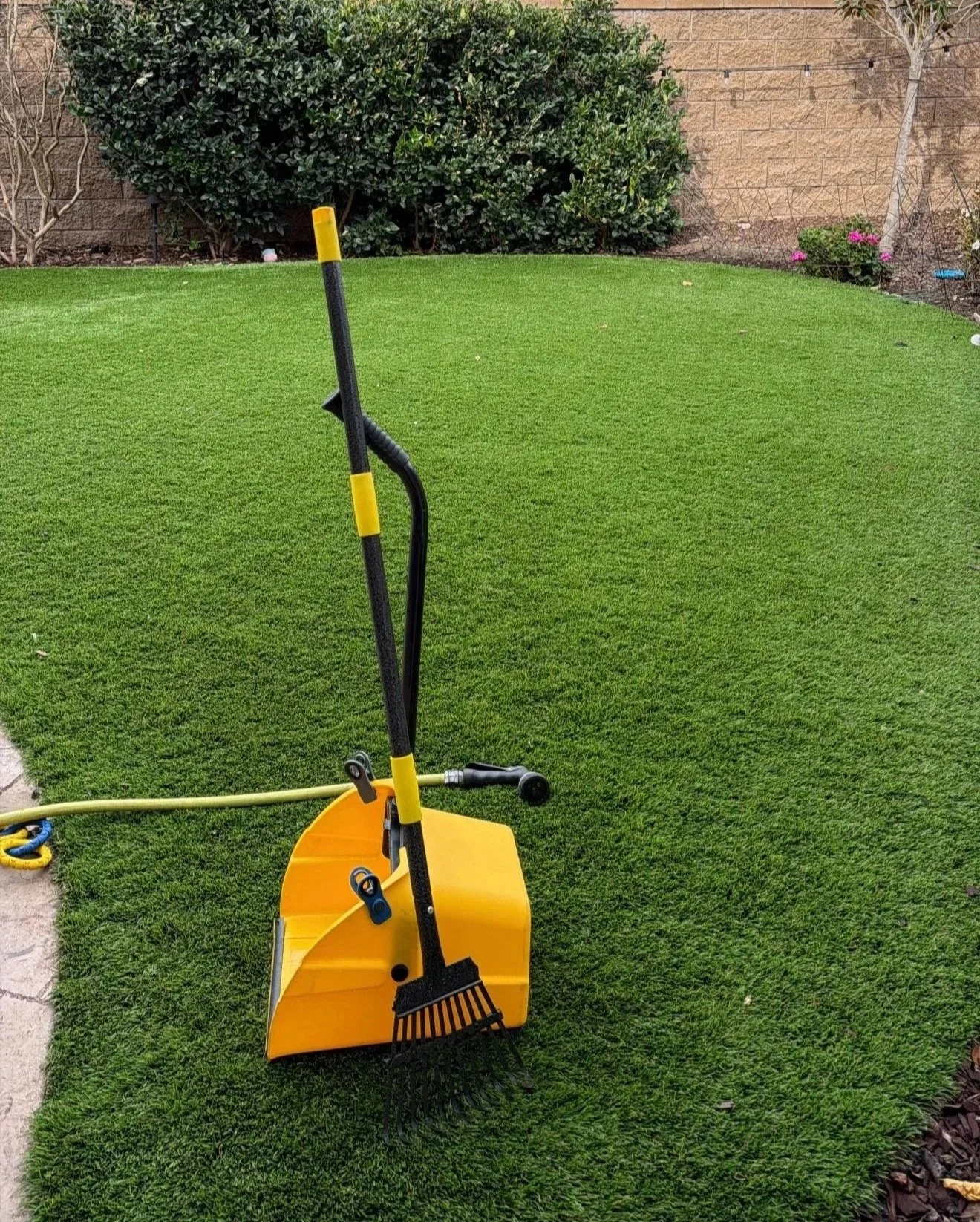 A yellow snow shovel and broom leaning against a patch of well-manicured green grass in a backyard, with bushes and a brick wall in the background.