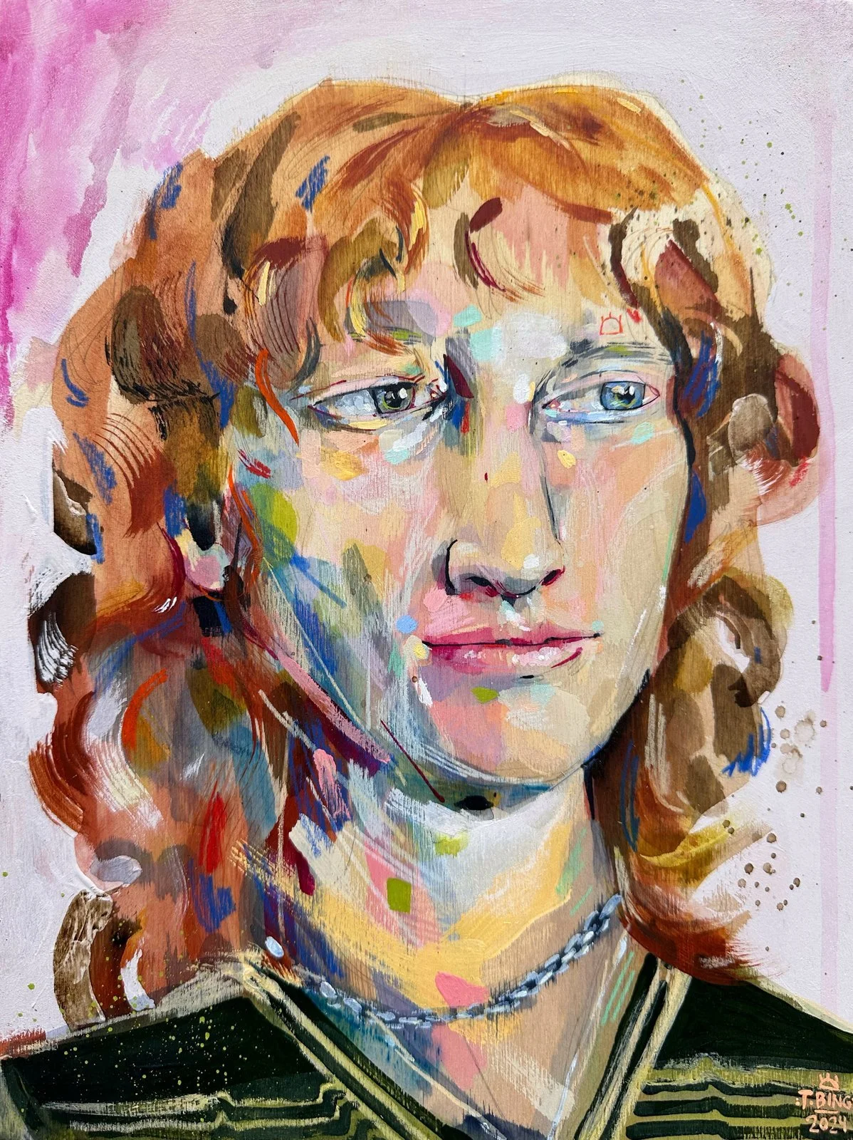 A colorful abstract portrait of a woman with wavy red hair, wearing a black top with yellow stripes and a necklace.