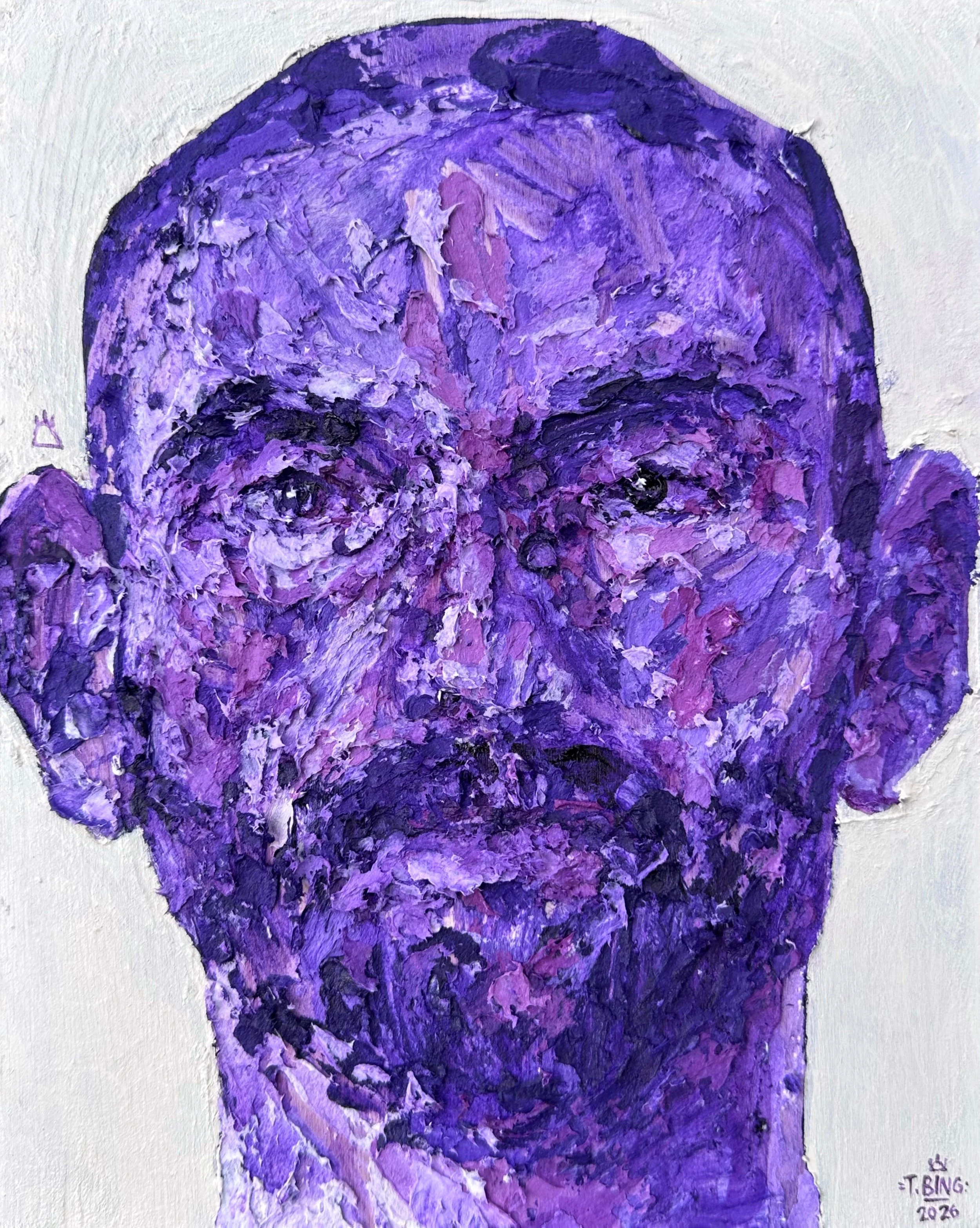 Close-up of a purple, abstract, textured portrait of a dog or another creature with large, expressive eyes, painted with thick, expressive brushstrokes. The artist's signature and date, 'T. BING 2026,' are visible in the bottom right corner.