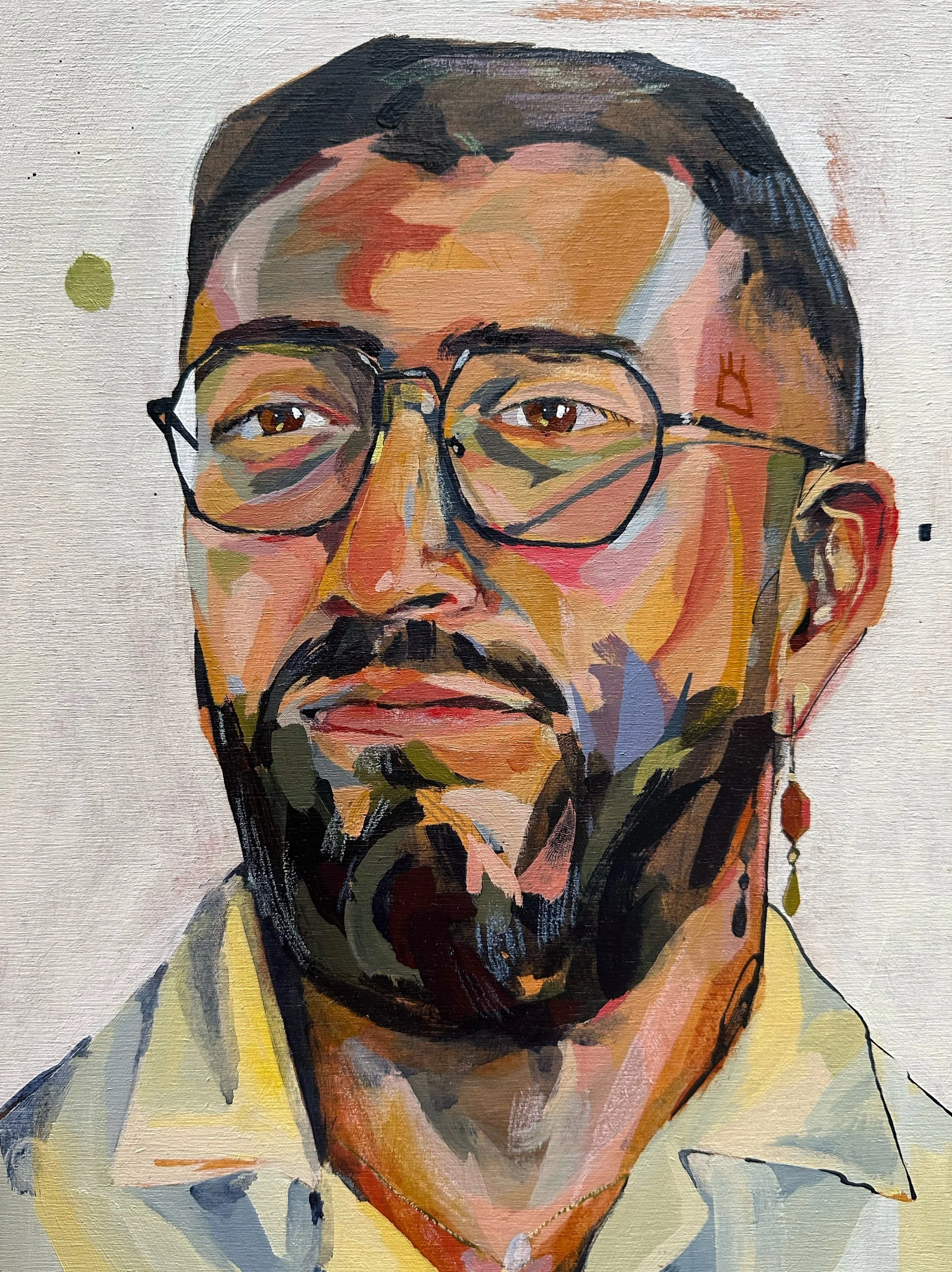 A colorful impressionist-style portrait painting of a man with glasses, a beard, mustache, and short hair, wearing a collared shirt.