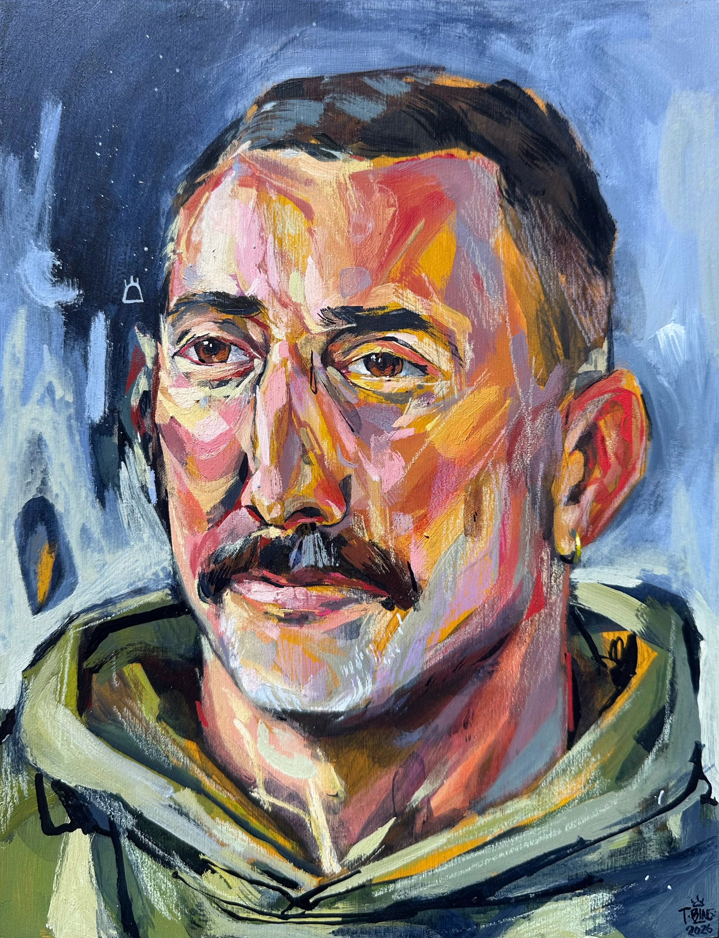 A colorful abstract portrait of a man with dark hair and a mustache, with expressive brushstrokes and vibrant colors.