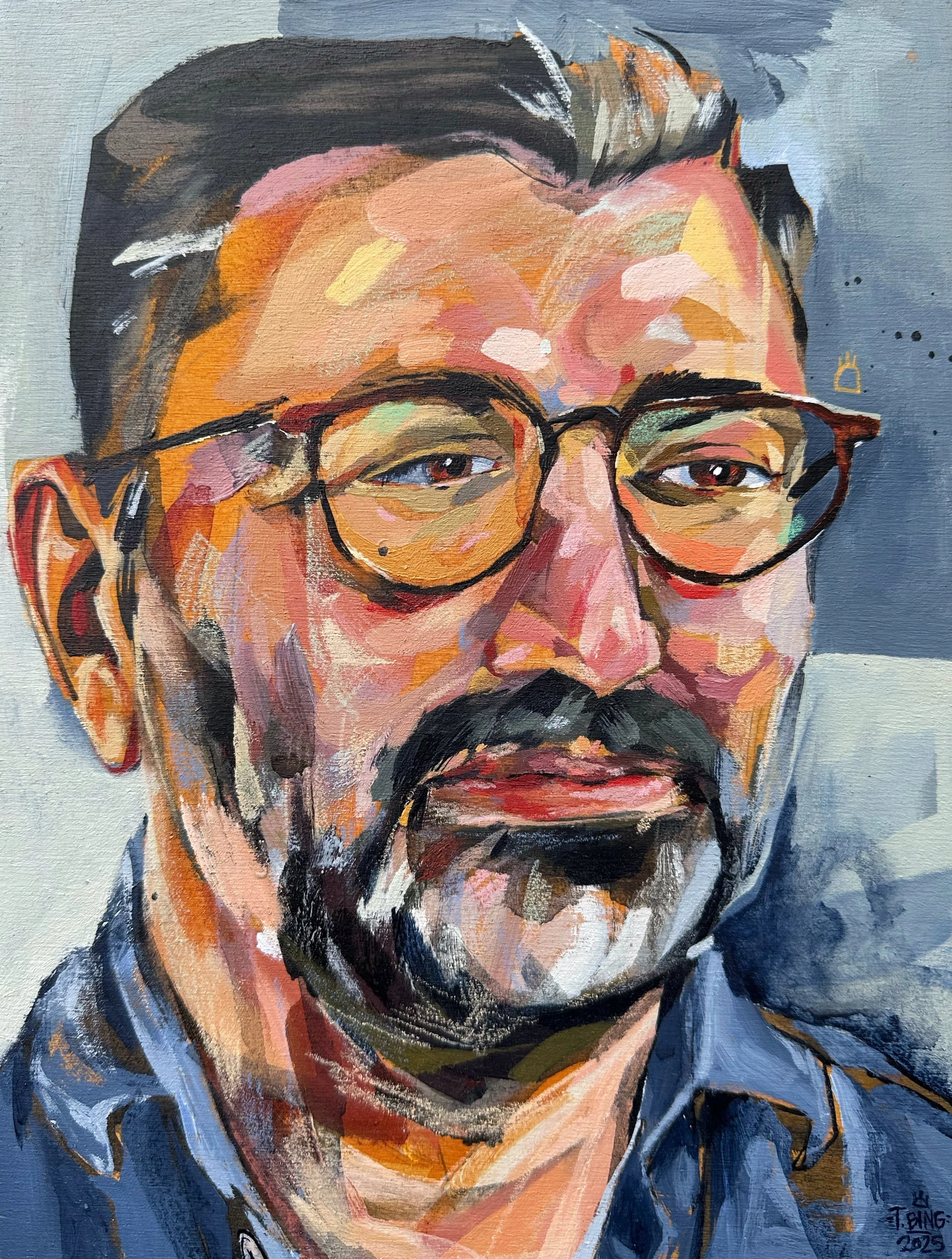 A colorful portrait painting of a man with glasses, dark hair, a mustache, and a beard. He is wearing a blue shirt and has a joyful expression.