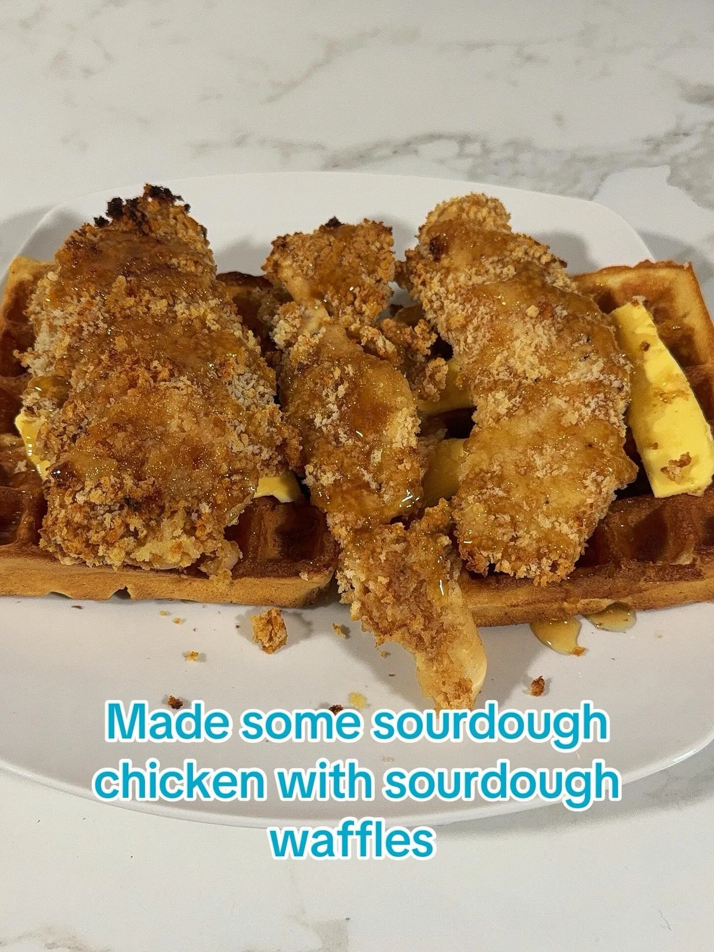 Made some chicken and waffles. Sourdough discard in the breadcrumbs and sourdough waffles I had frozen from a previous bake. #breakfastfordinner #waffles #chickenandwaffles #sourdough #craftcrust