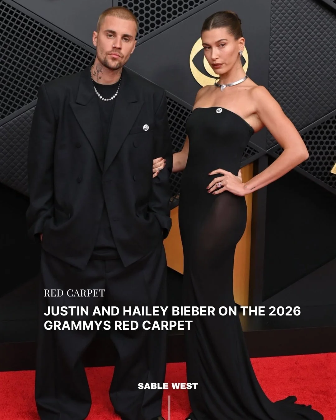 Justin and Hailey Bieber on the 2026 Grammys red carpet.
Justin in a baggy all-black Balenciaga suit with a Lorraine Schwartz necklace.
Hailey in a custom black Ala&iuml;a gown with diamond jewelry by Lorraine Schwartz. ￼

West of Ordinary
The latest